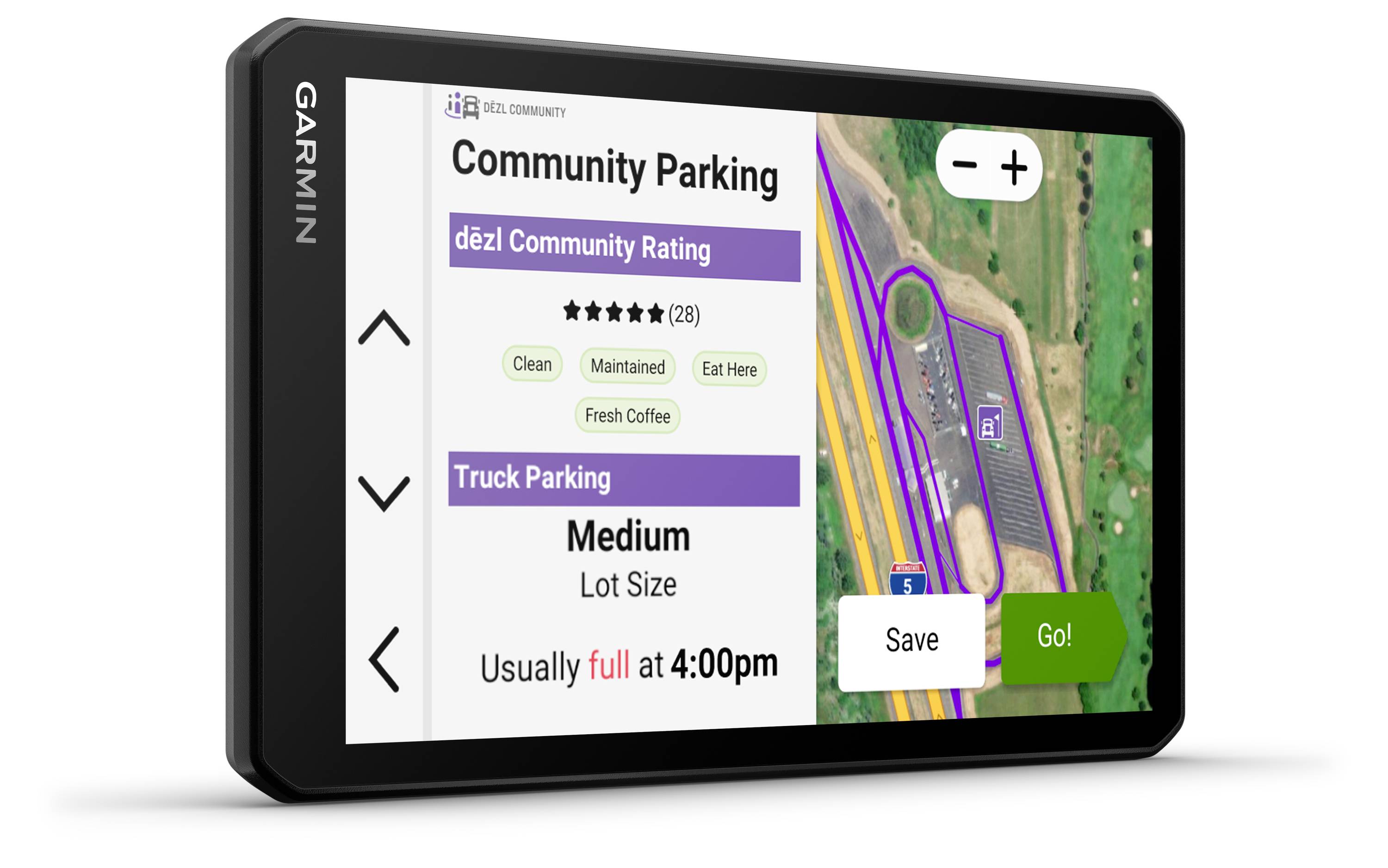 Garmin navigation device shows 'Community Parking', rated as 'medium-sized', often full by 4:00 pm. Map and 'Go' button visible.