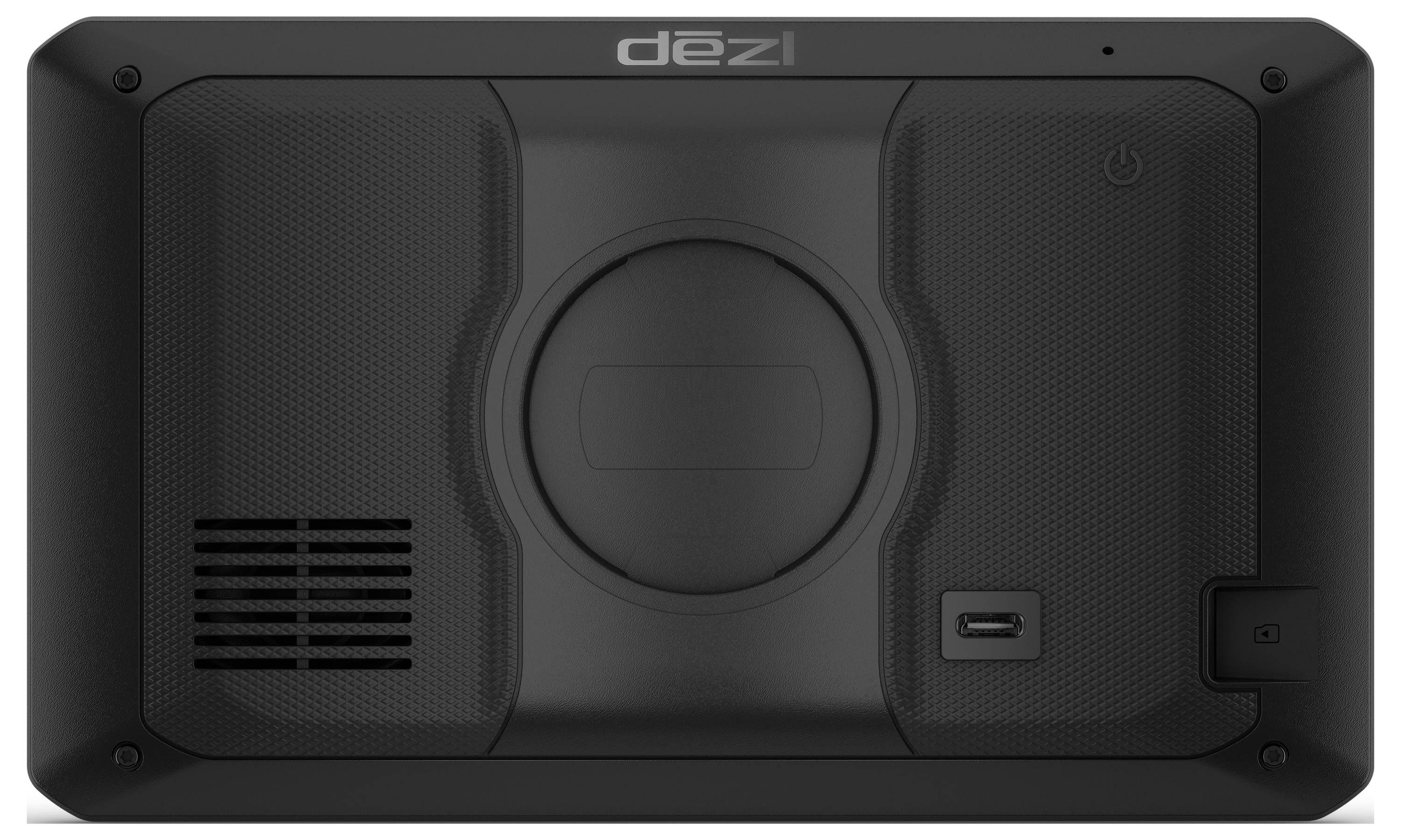 Rear view of a GPS device with a central mounting socket, ventilation slots on the left, USB port at the bottom, and power button located in the top right corner.