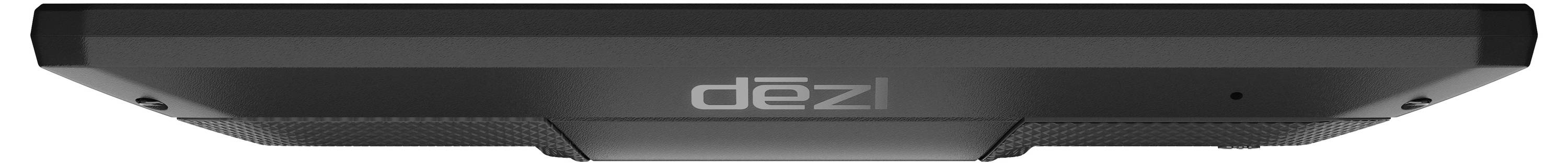 Black GPS navigation device 'dēzl' viewed from below, showing logo and sleek design.