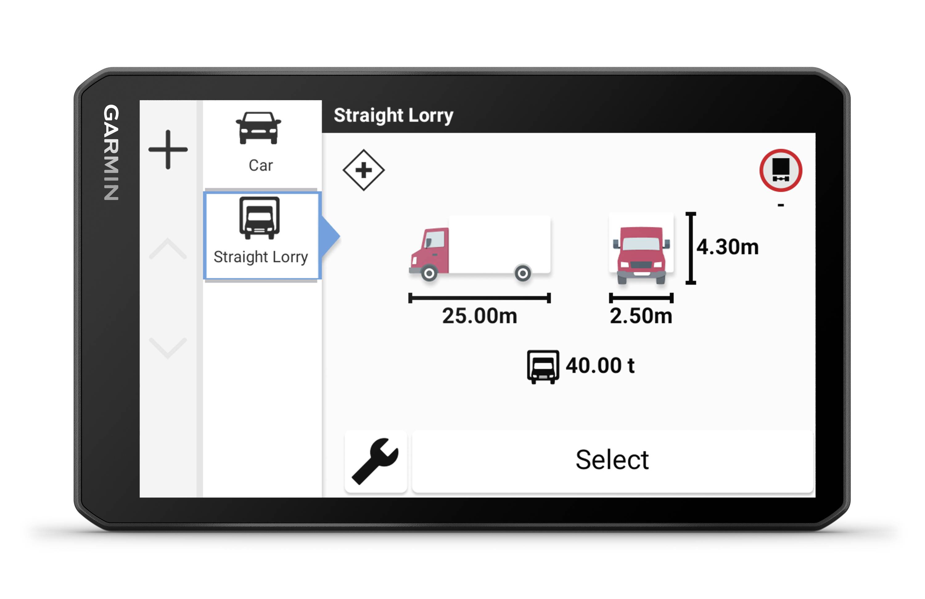 A satellite navigation device displays a lorry profile with a lorry symbol on a straight road, showing dimensions of 4.30 m height, 25.00 m length, 2.50 m width.
