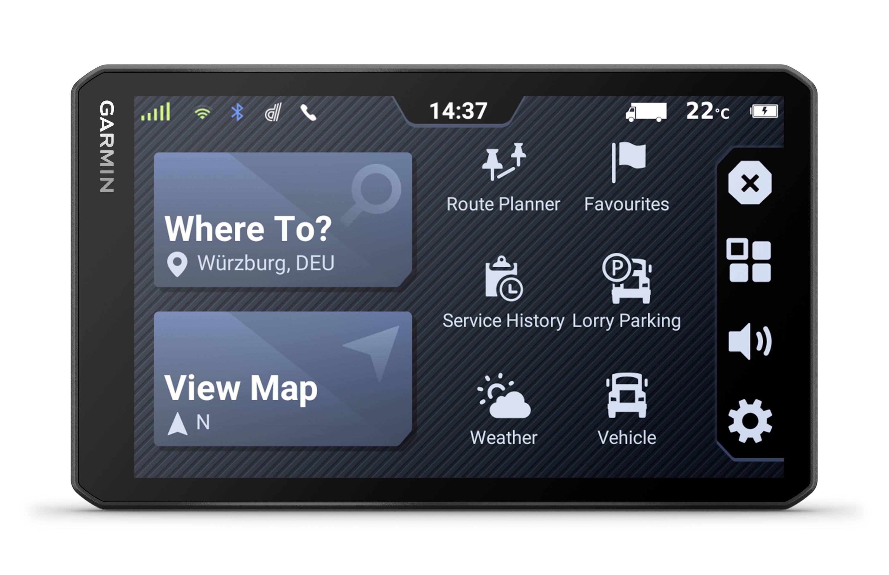 Garmin navigation device screen with options: 'Where To?', 'View Map', Route suggestions, Favourites, Weather and Vehicle status.