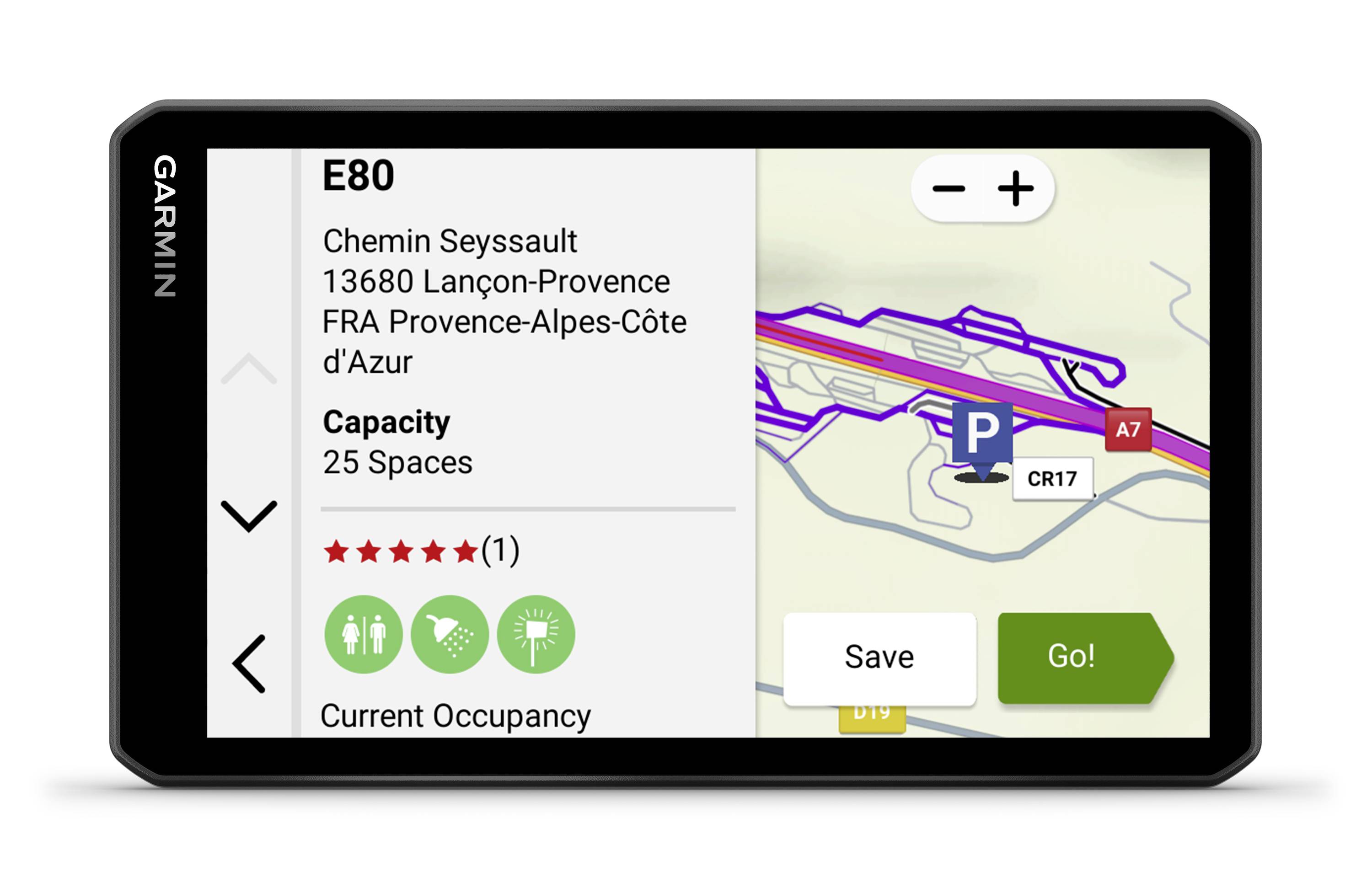 Navigation device shows route with car park information: Capacity 25 spaces, current occupancy, address in Lançon-Provence, France.