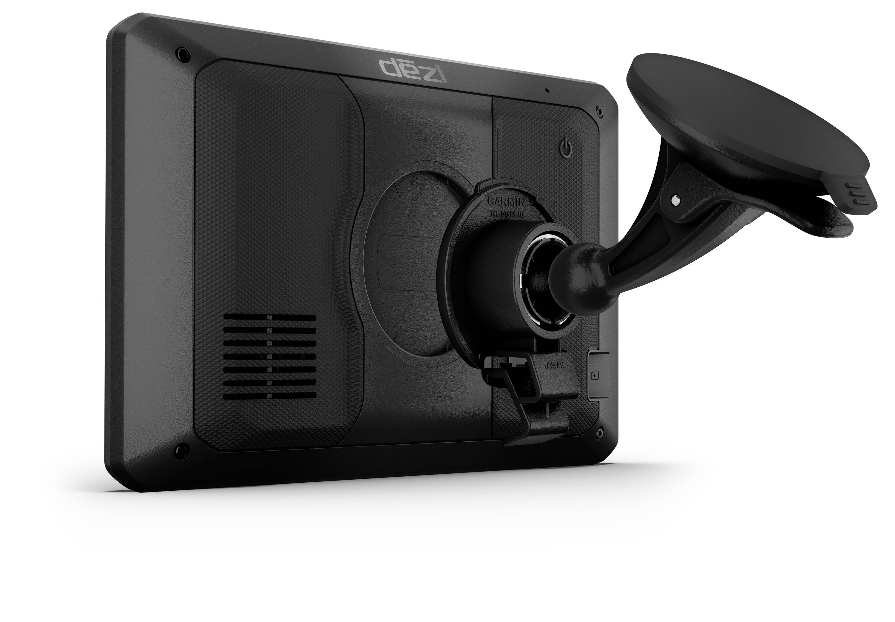 Portable satellite navigation device with suction cup mount, black, rear view showing connection and mounting elements.