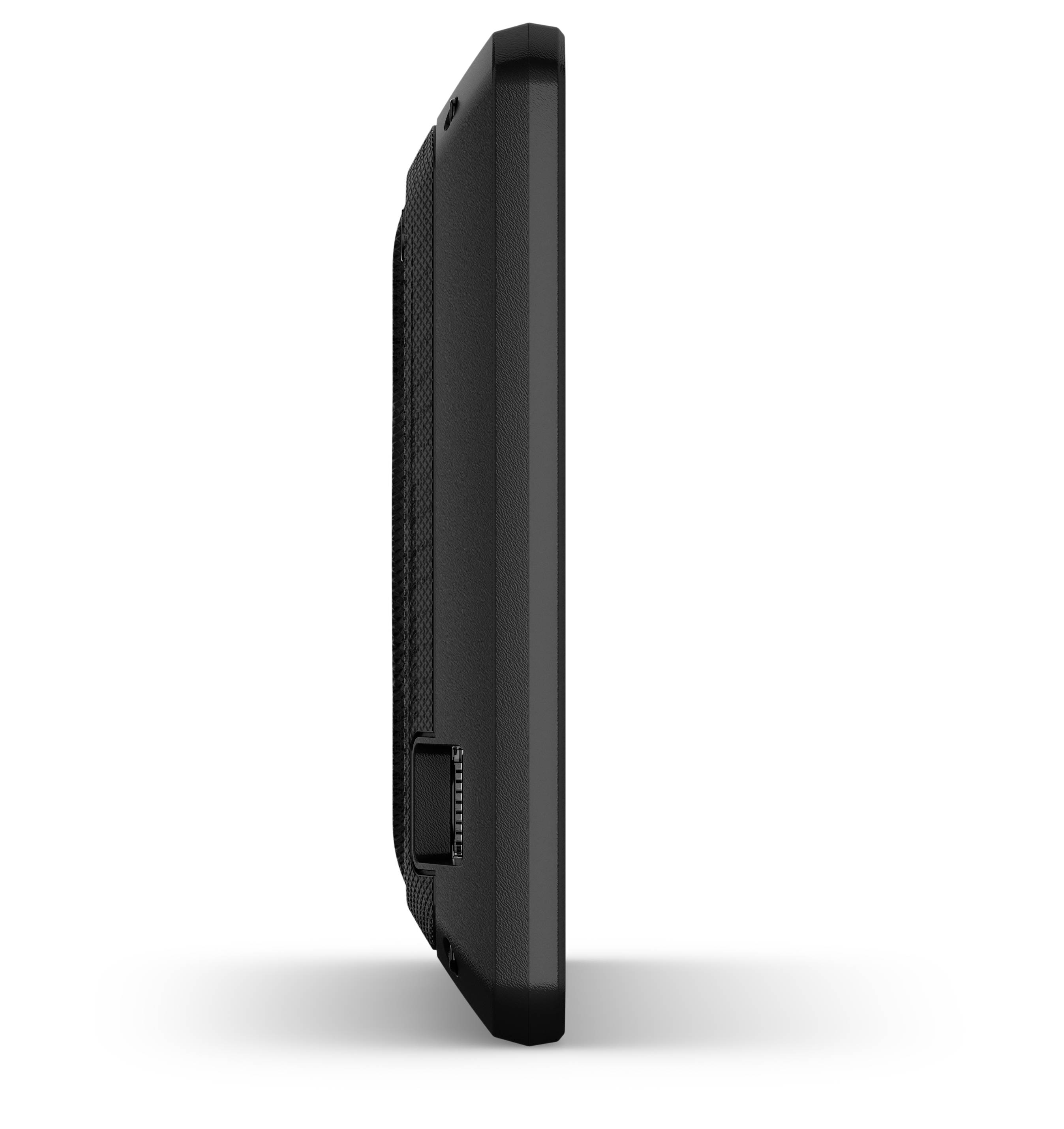 Side view of a black, rectangular device standing upright, featuring a textured surface and ports.