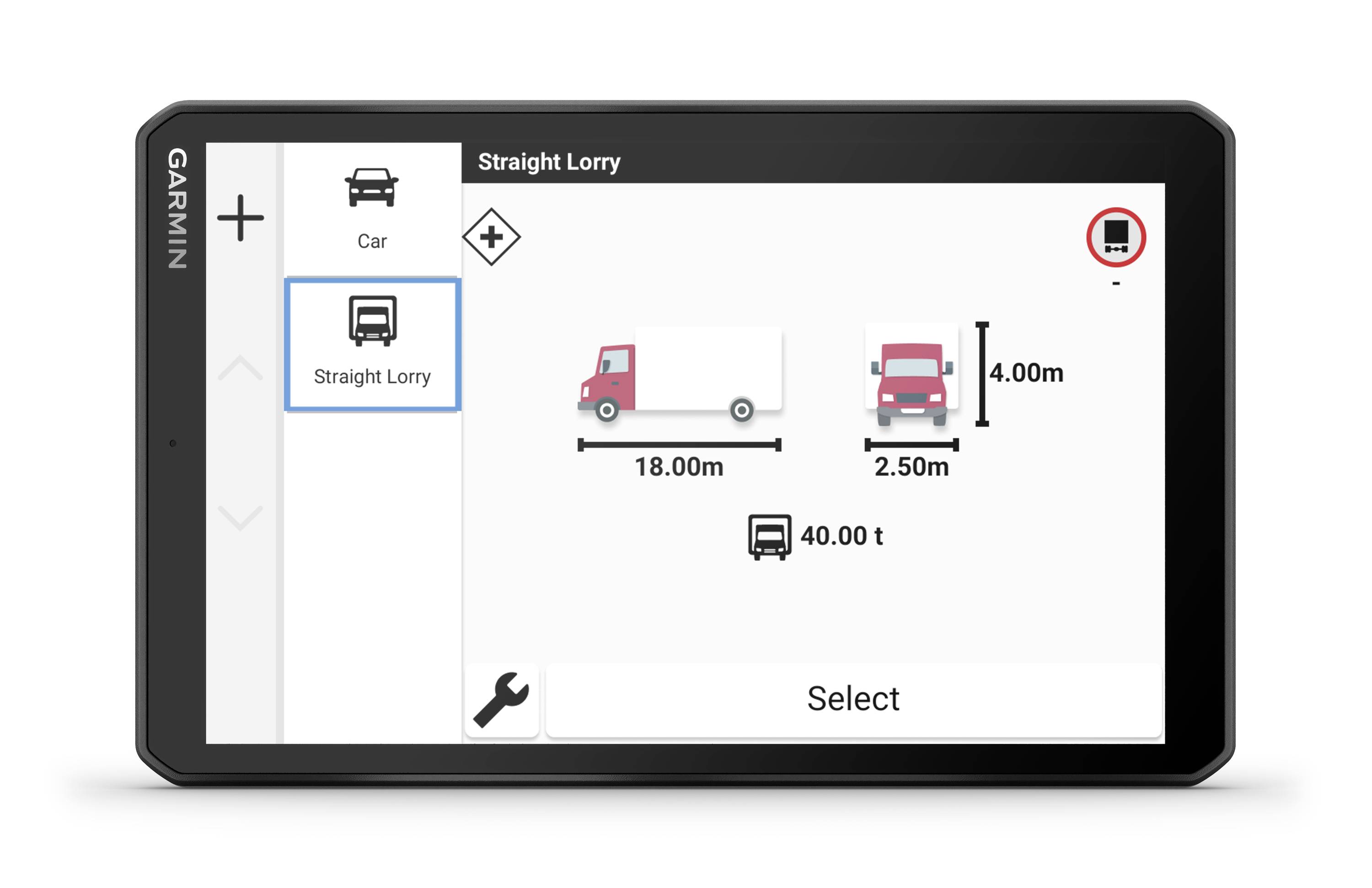 Navigation device shows lorry settings: Length 18.00 m, Width 2.50 m, Height 4.00 m, Weight 40.00 tonnes. Selection options available.
