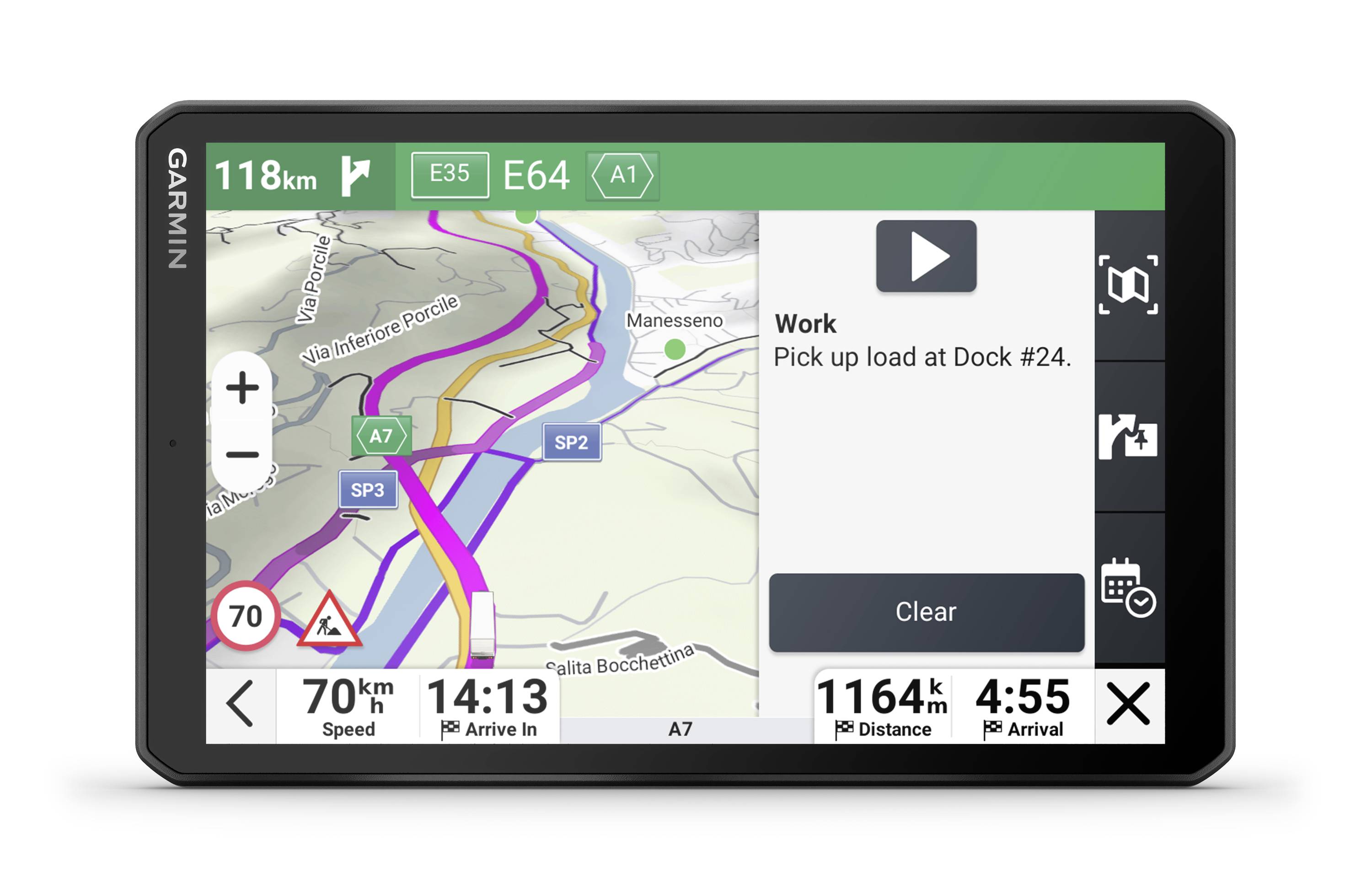 Navigation device screen shows motorway map and route. Text field: 'Work, loading point at Dock #24.' Speed 70 km/h. Distance 1164 km. Arrival in 4:55.
