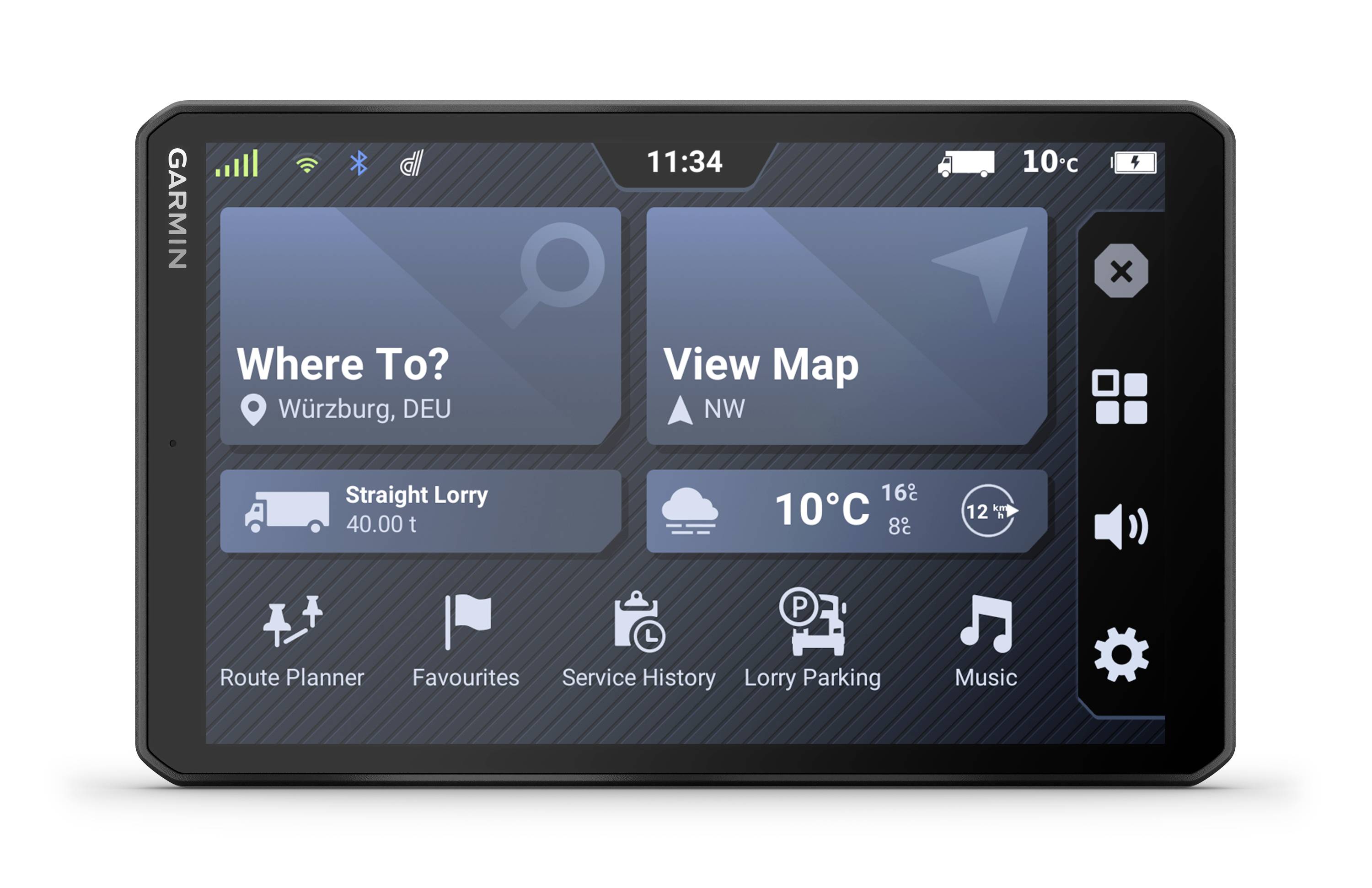 Sat-nav display shows the time as 11:34, weather at 10°C and icons for route planning, favourites, service history, lorry parking, and music.