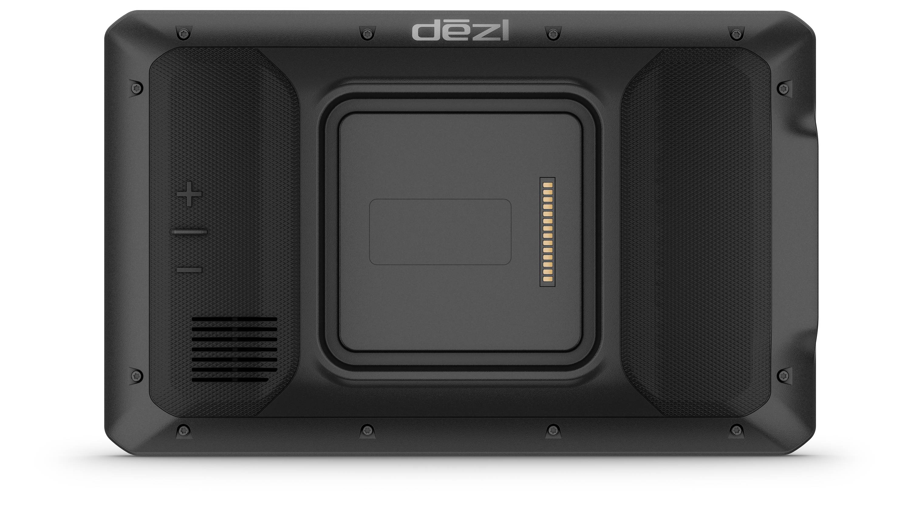 Back of a black device with the 'dēzl' text at the top edge, a rectangular insert in the centre, and speakers on the left.
