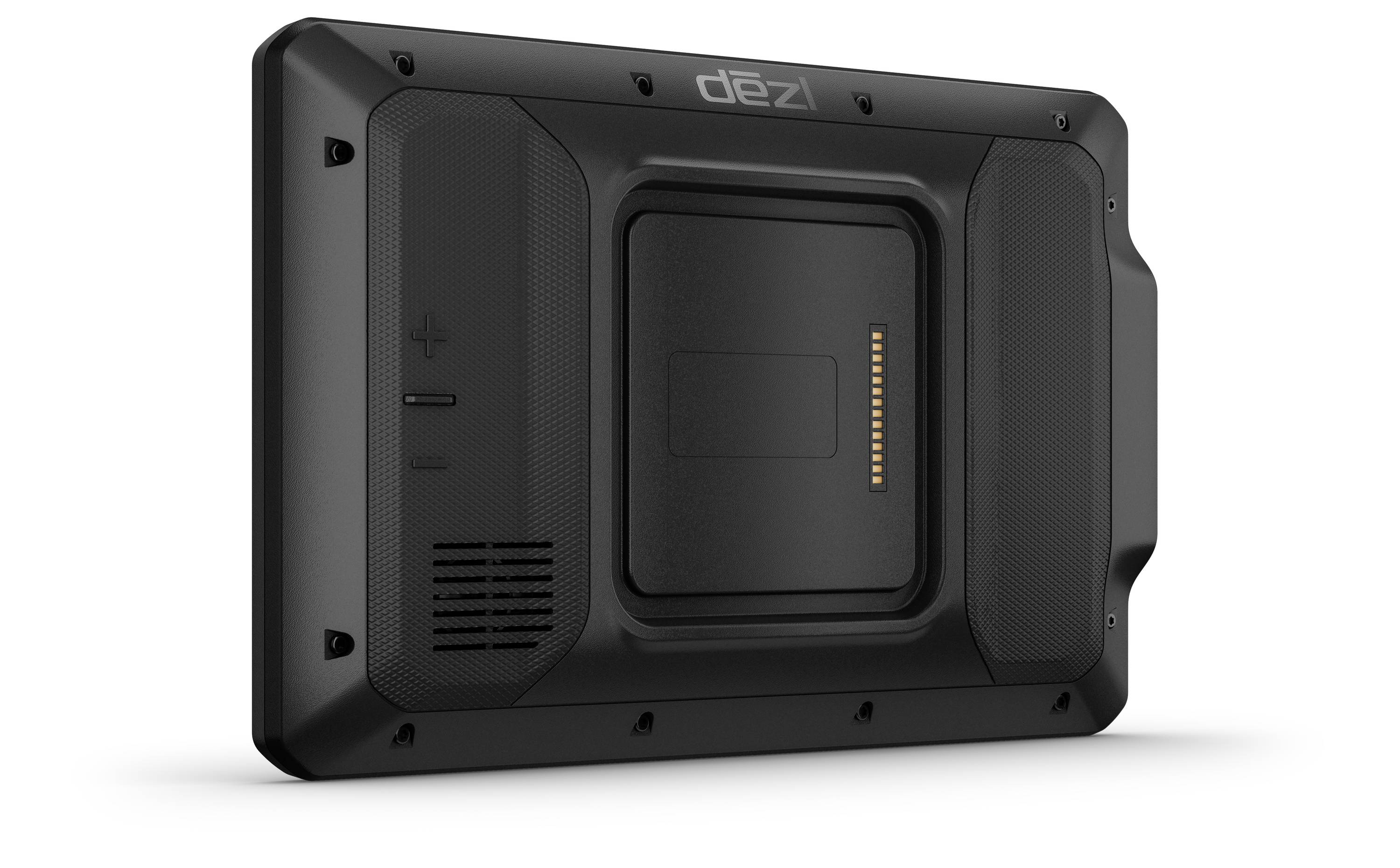 A black, rectangular device with a distinctive design and a central interface on the back, surrounded by textured surfaces.