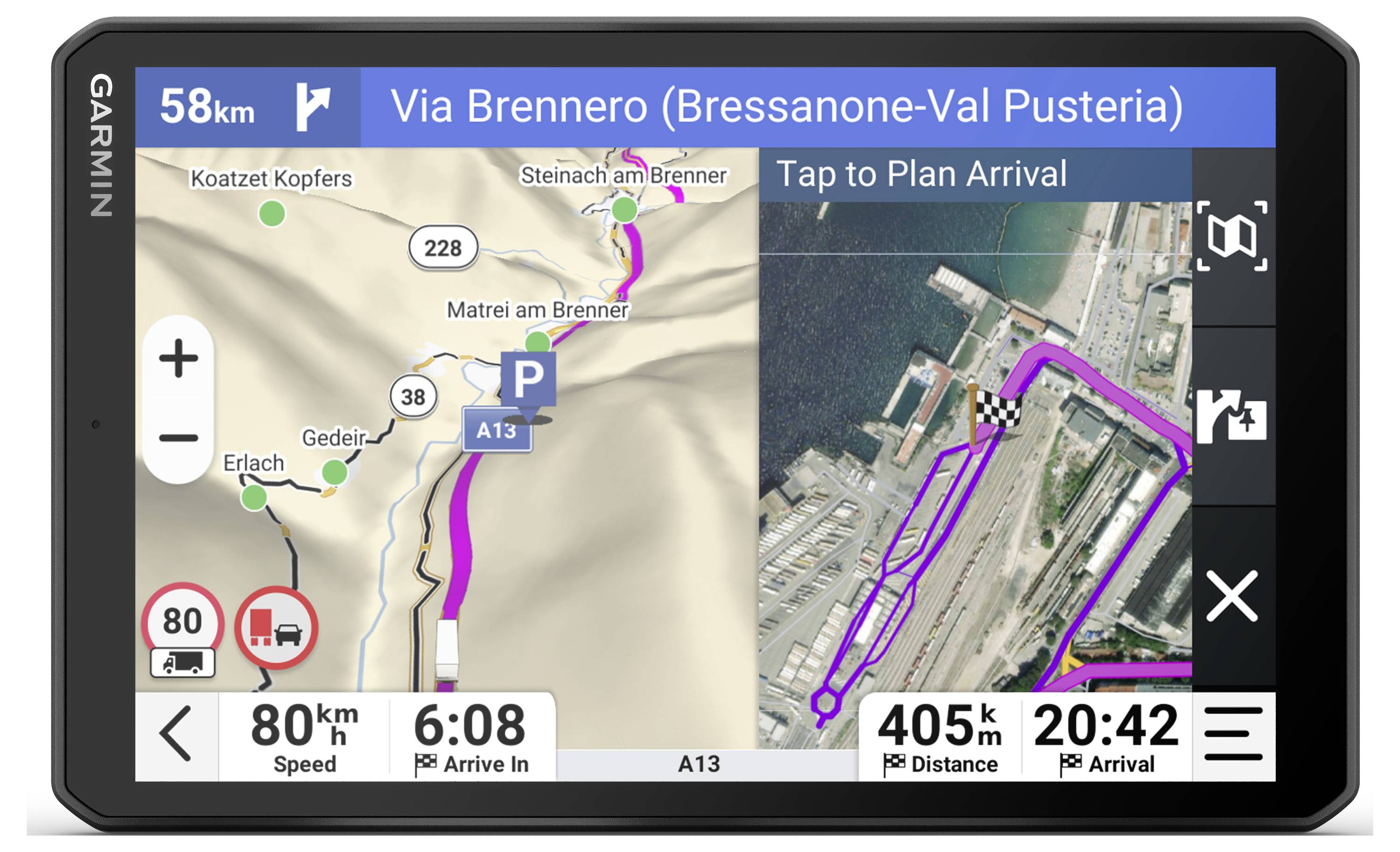 Navigation device shows route via A13 in Italy, speed limit 80 km/h, estimated arrival time 20:42, remaining distance 405 km.