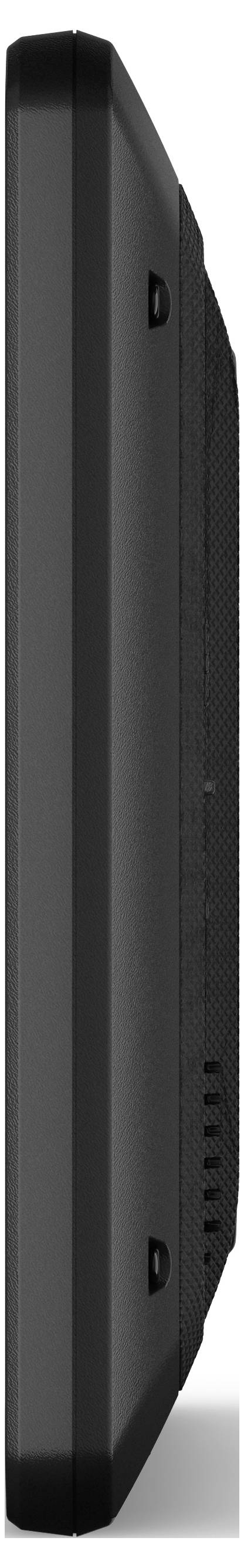 Side view of a flat, black electronic device, possibly a screen or a monitor.