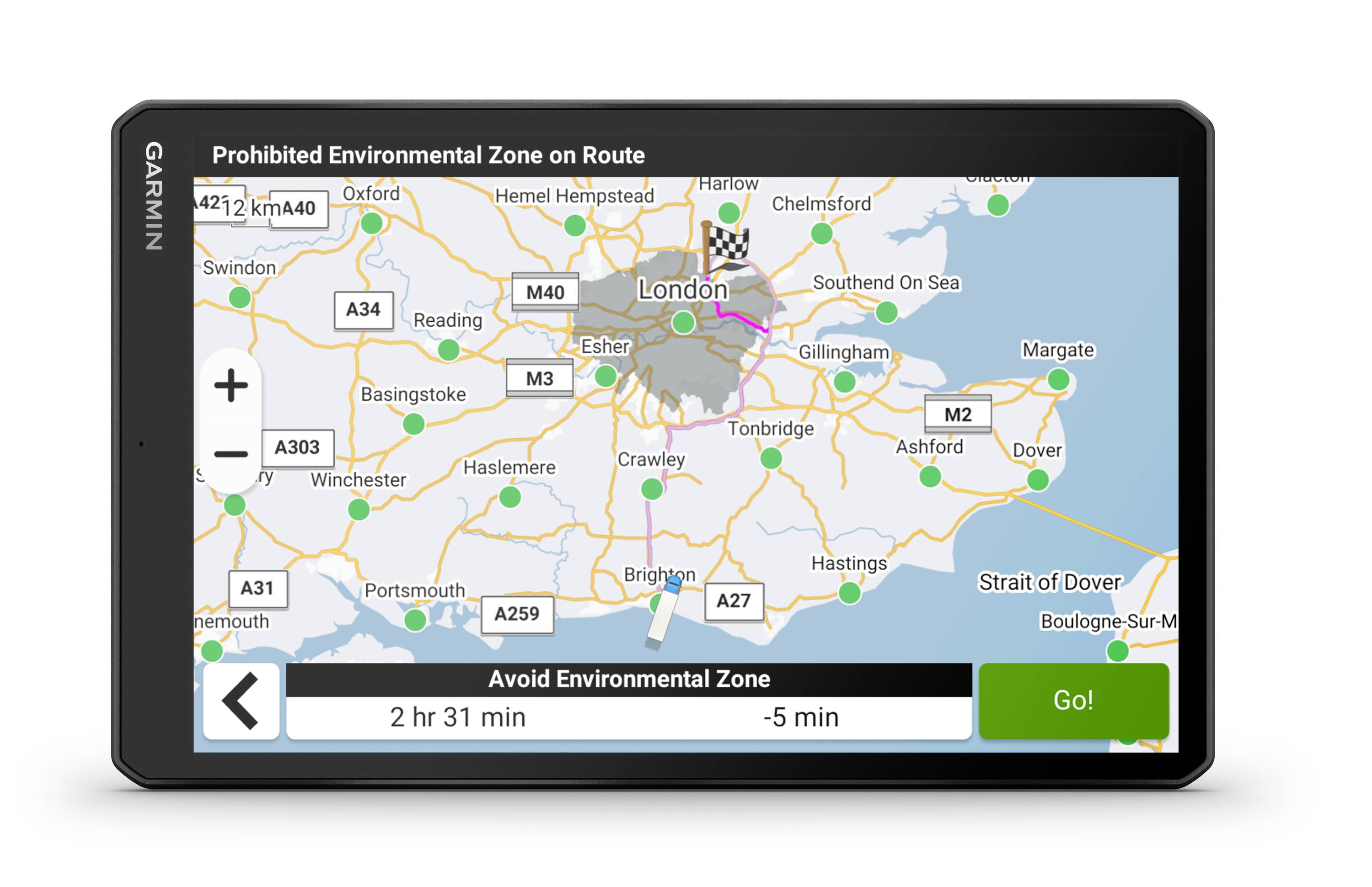 Navigation device shows route to bypass a Low Emission Zone in London, with options for route customisation and remaining journey time.