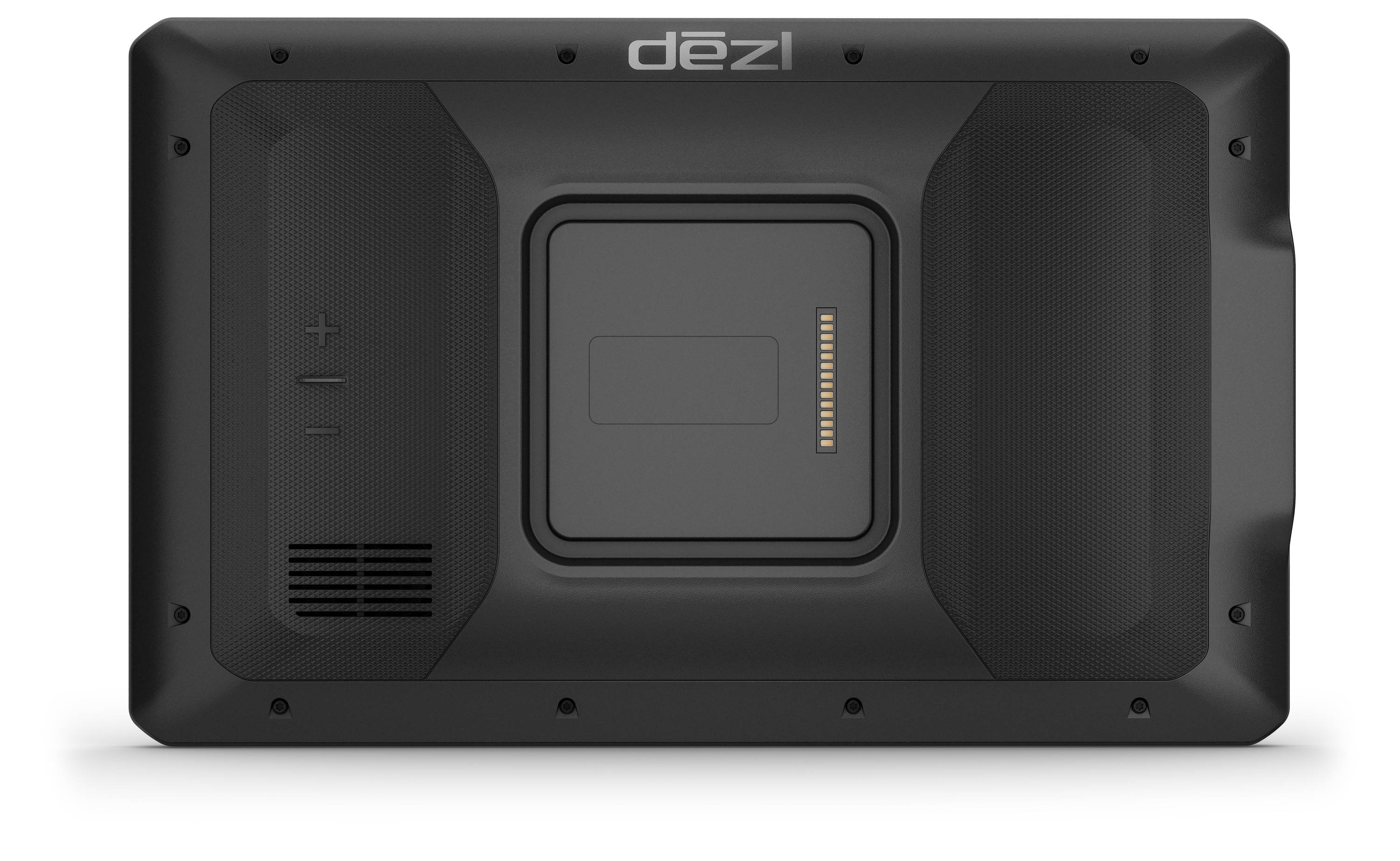 Back of a satellite navigation device with charging port and volume control buttons. The 'dēzl' logo is visible at the top.