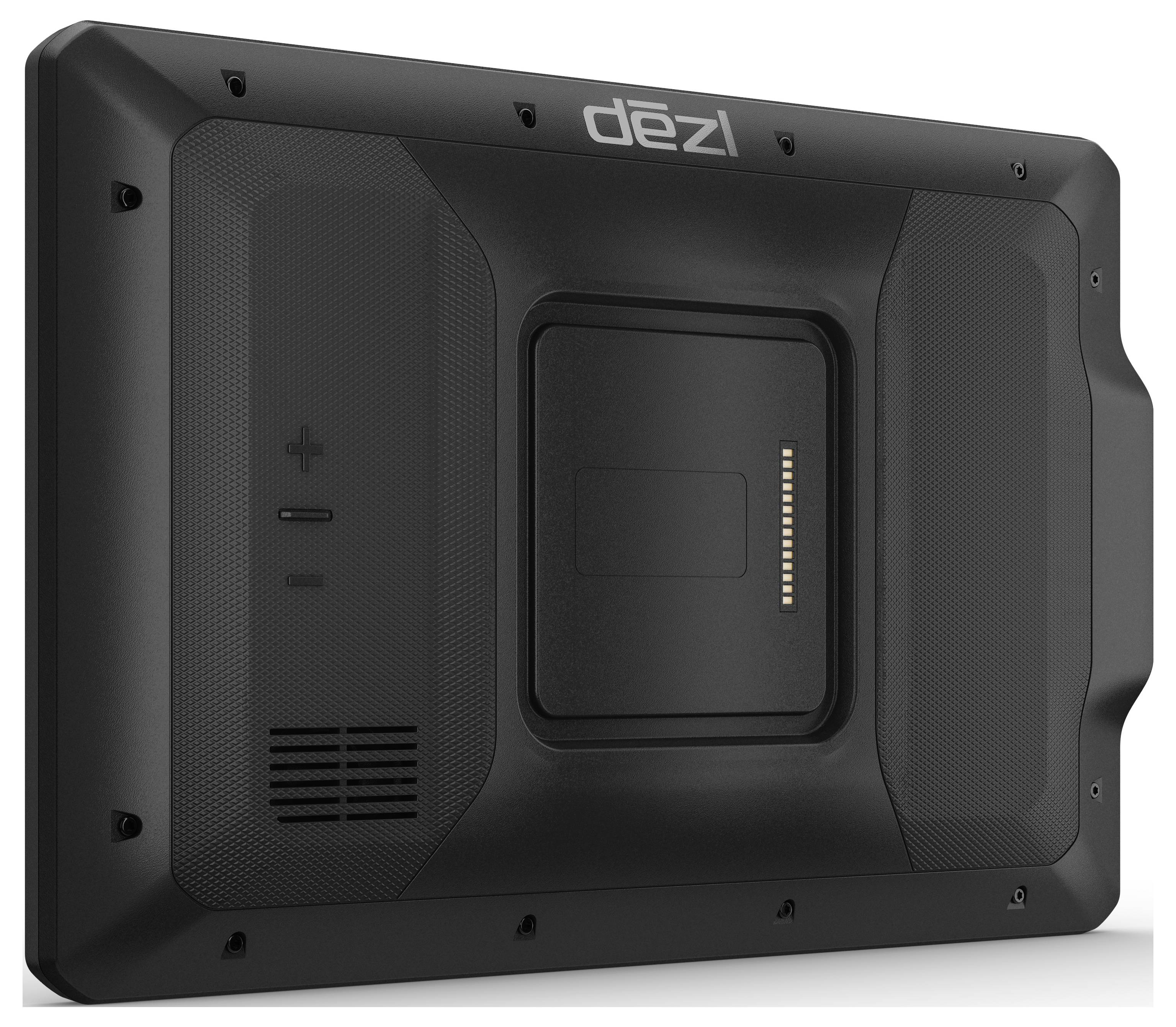 Back of a black electronic device with brand name, rounded corners and speaker grille, showing connections and mounting points.