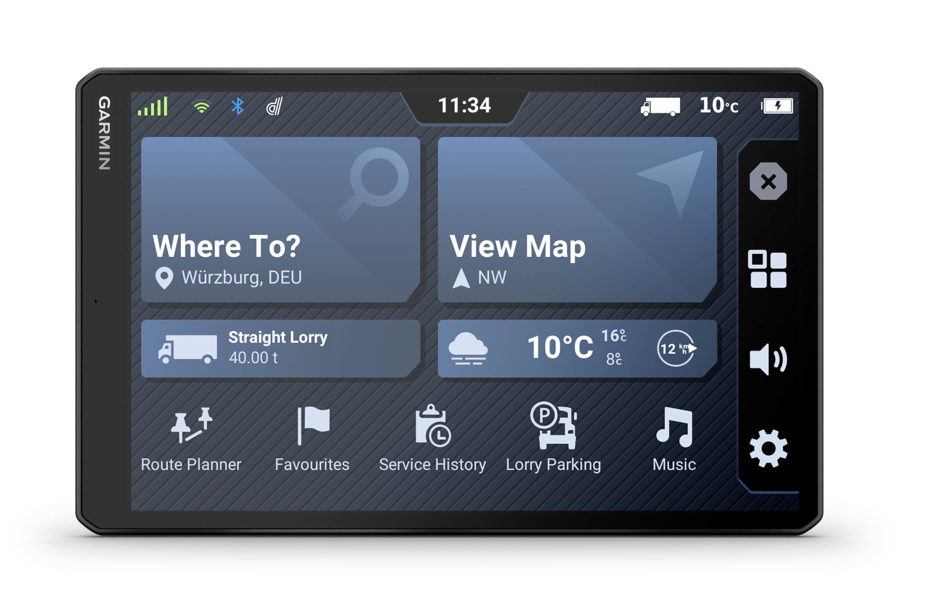 Navigation display shows 'Where To? Würzburg, DEU', 'View Map NW', Weather 10°C, Lorry Details, Favourites, Music and further options.