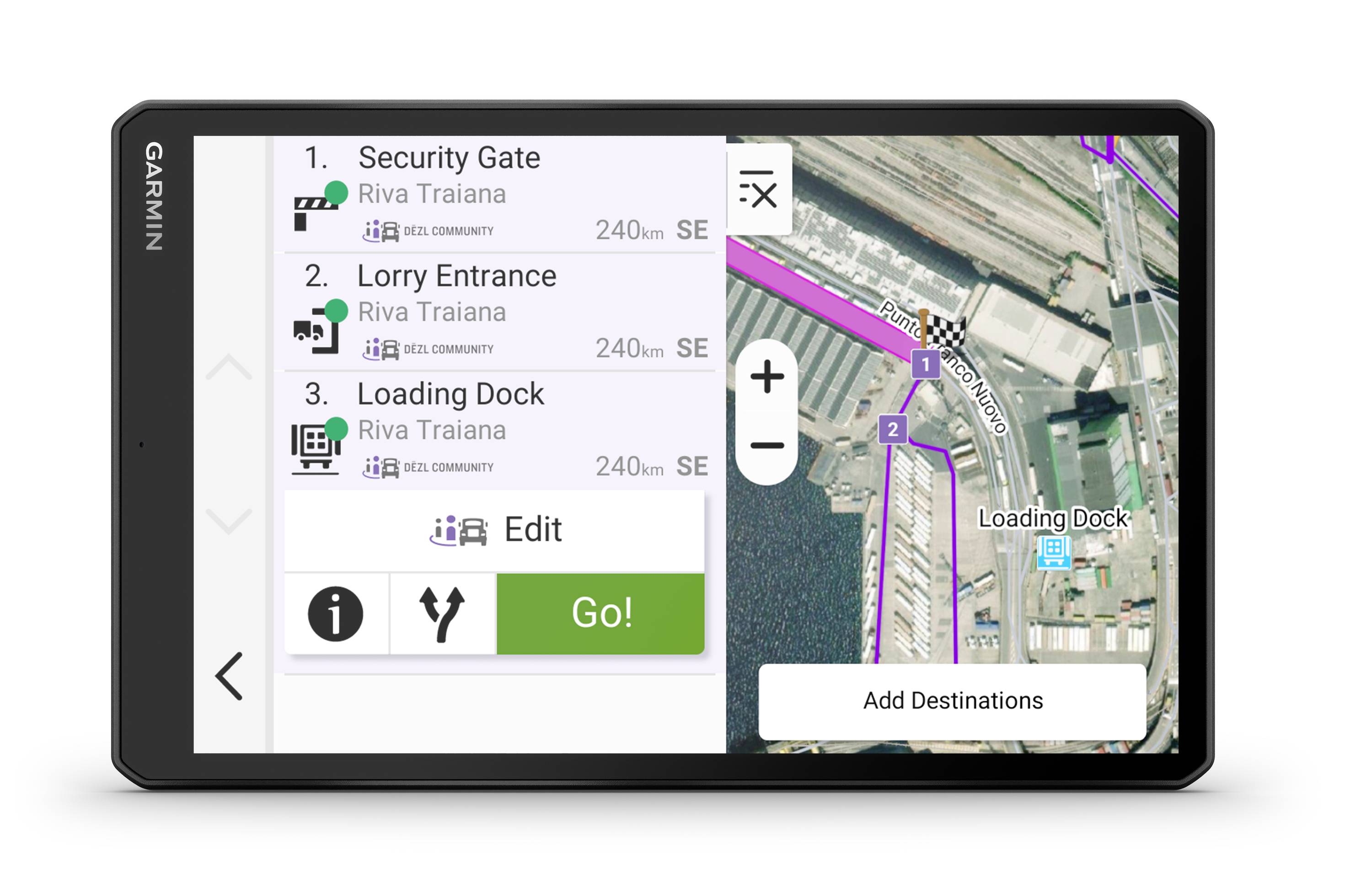 A GPS navigation device displays a map with a freight destination plan. Three destinations are listed: Security Gate, Lorry Entrance, Loading Bay.