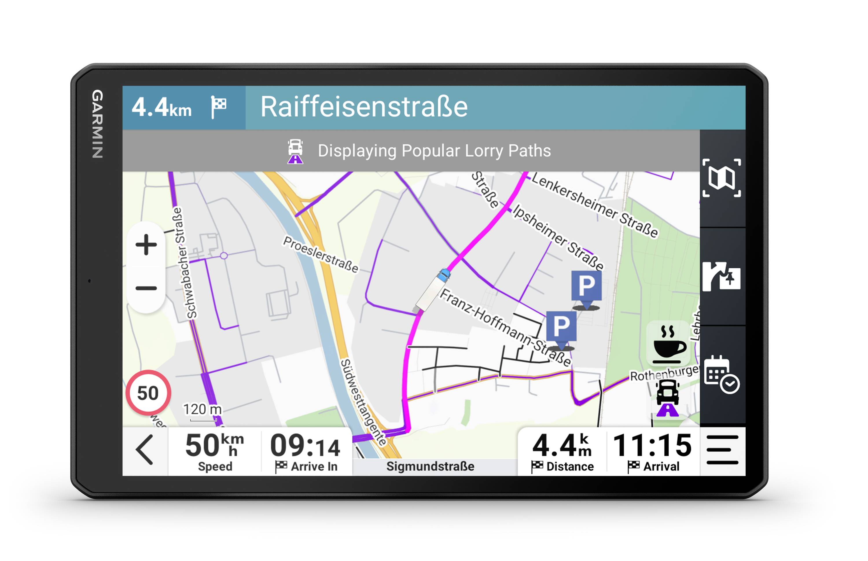 Satellite navigation shows 'Raiffeisenstraße' as destination, distance 4.4 km. Estimated arrival time 11:15. Speed: 50 km/h. Display of car parks and speed limit 50.
