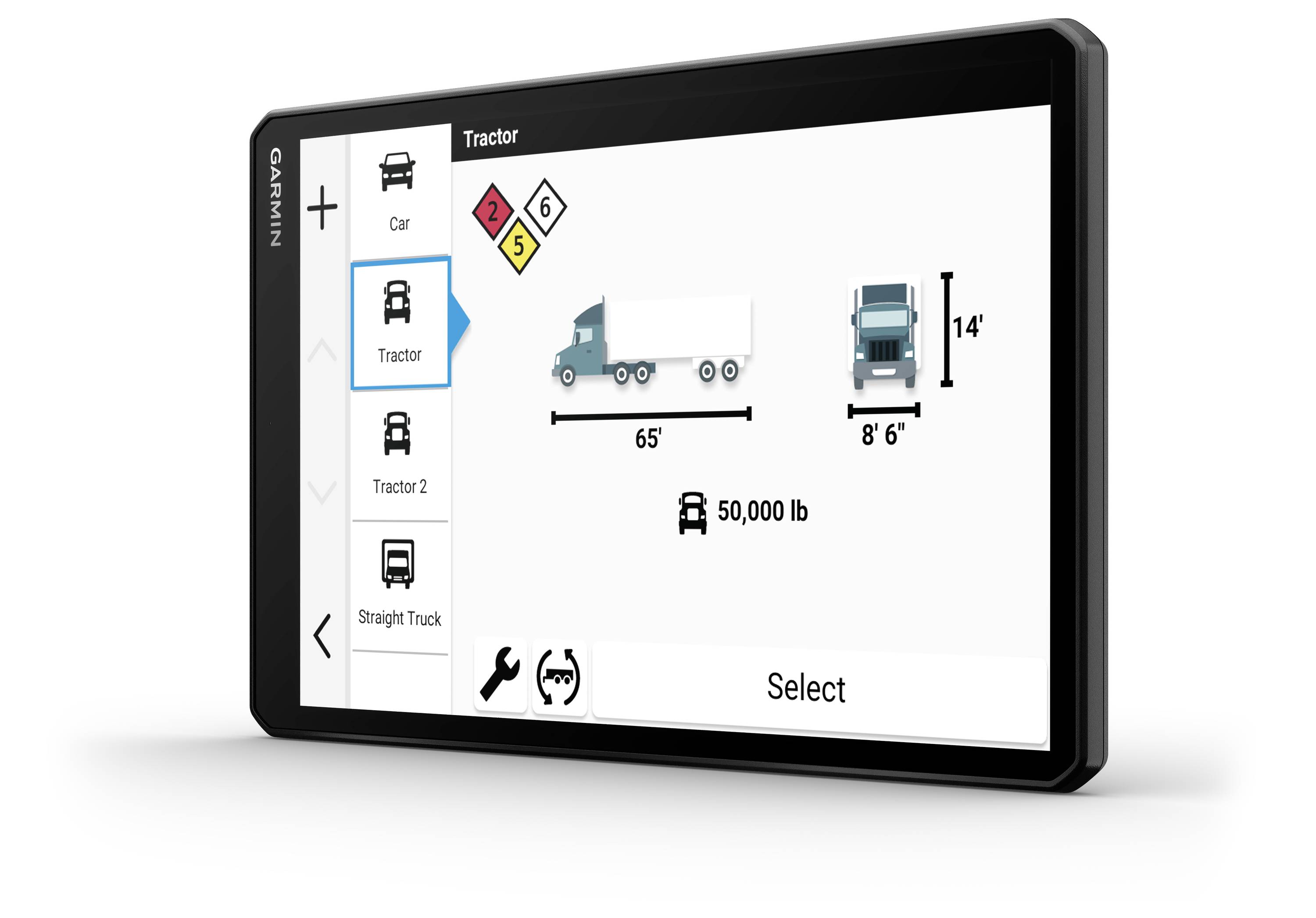 Screen of a navigation device with lorry settings. Display shows selection and specifications for a tractor with dimensions and weight.