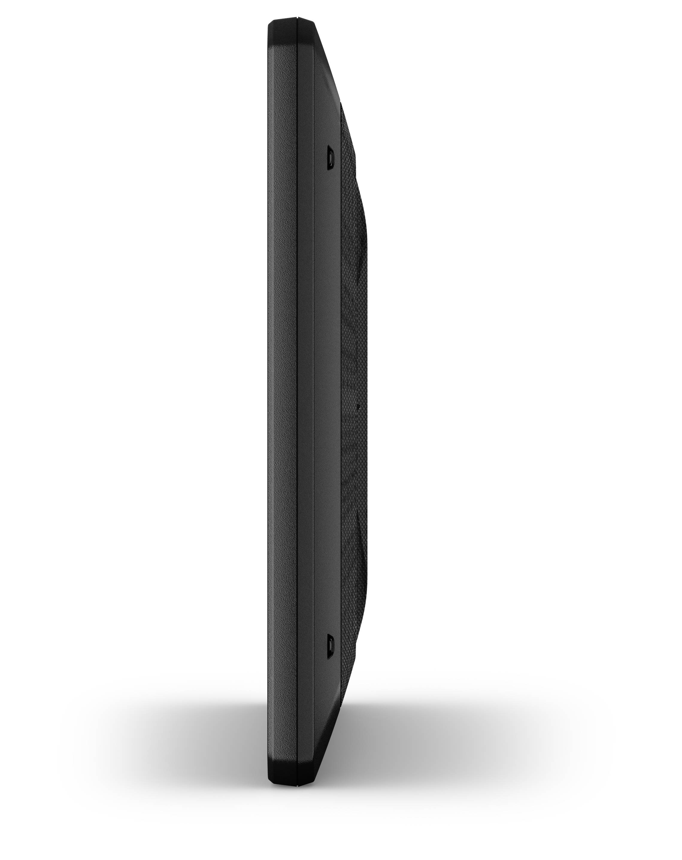 Side view of a sleek, black laptop with closed screen.