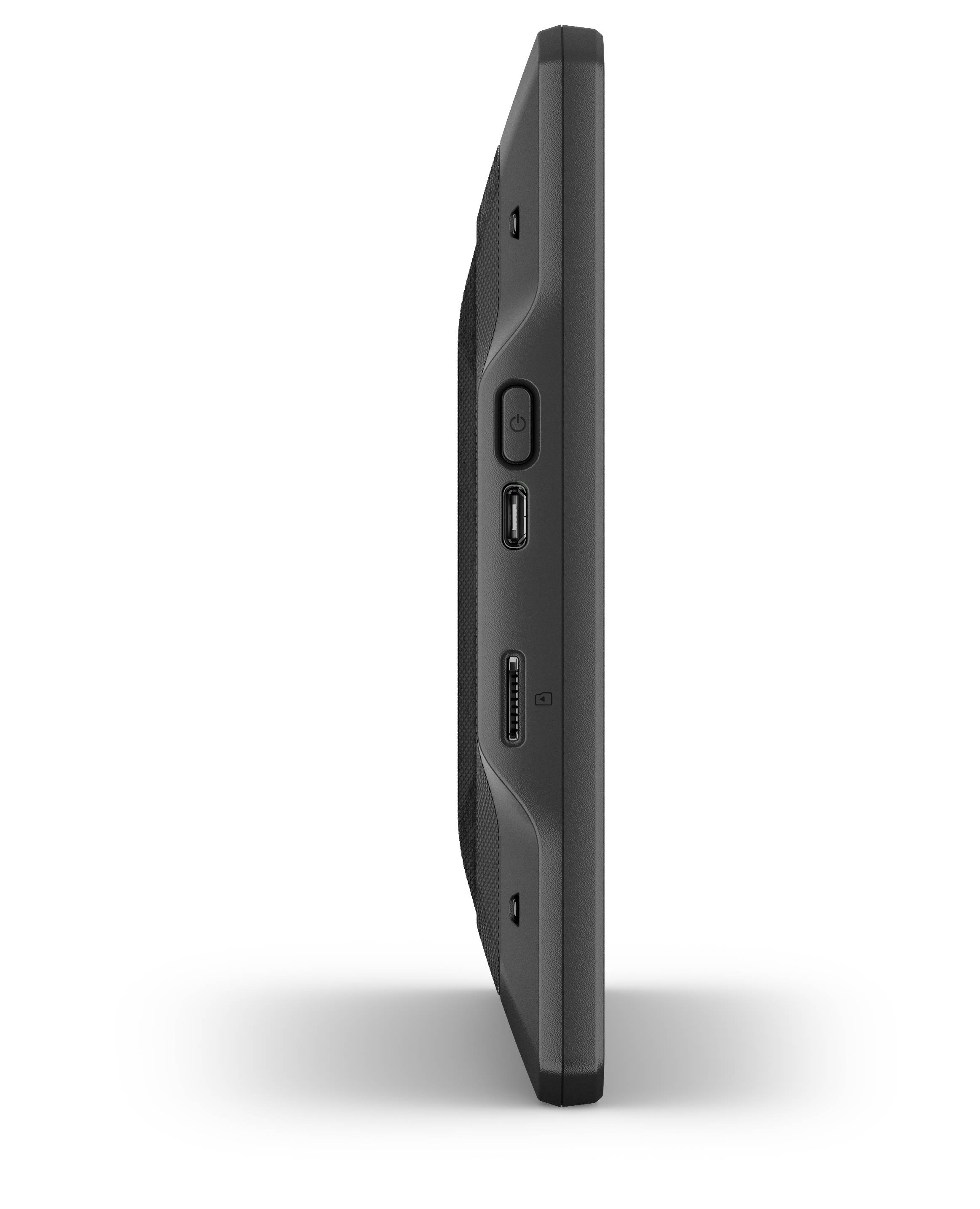 Side view of a black tablet with ports and volume buttons clearly visible.