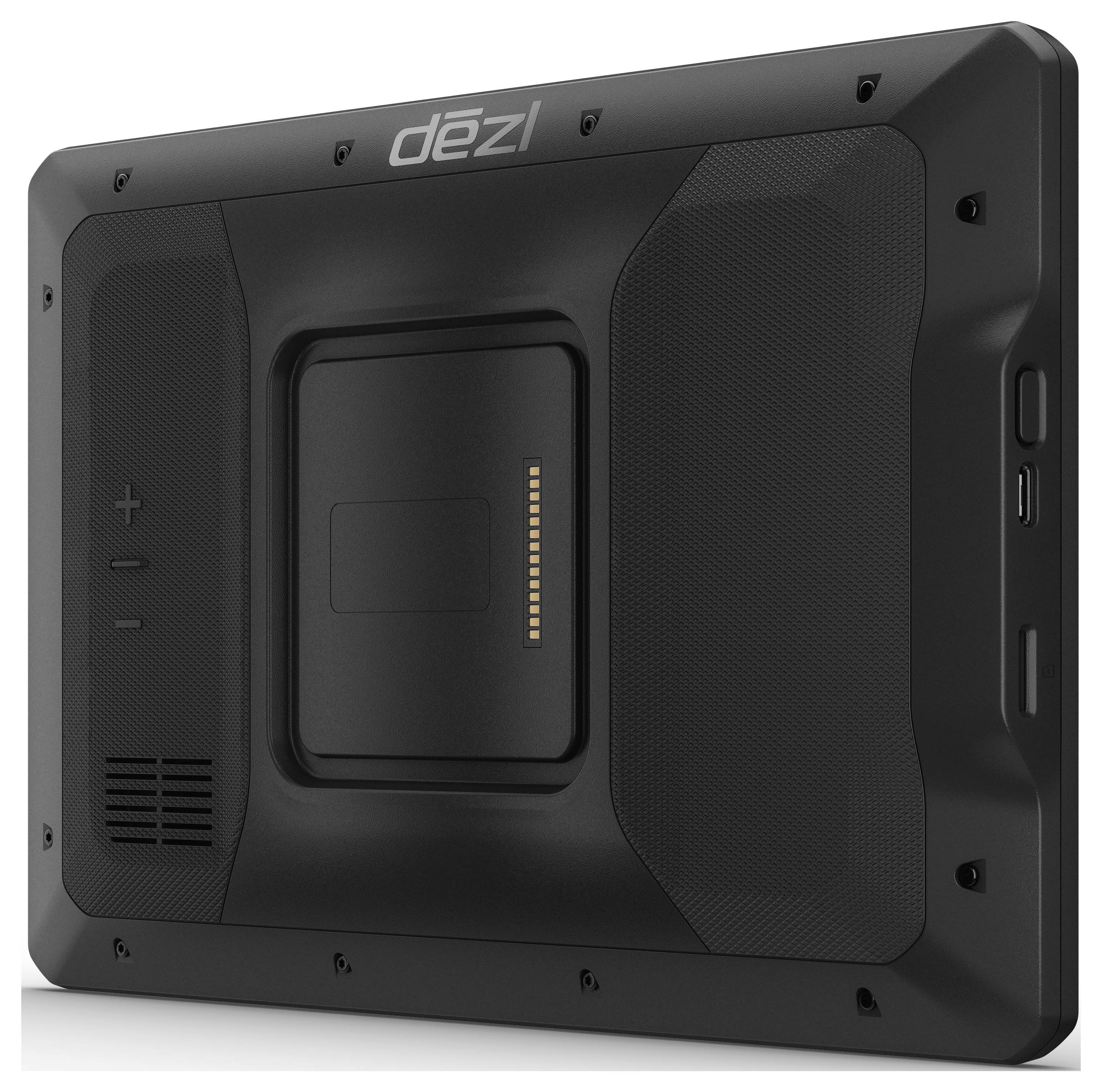 Back of a black device with 'dezl' logo at the top. Contains speakers, volume buttons, and USB and charging ports.