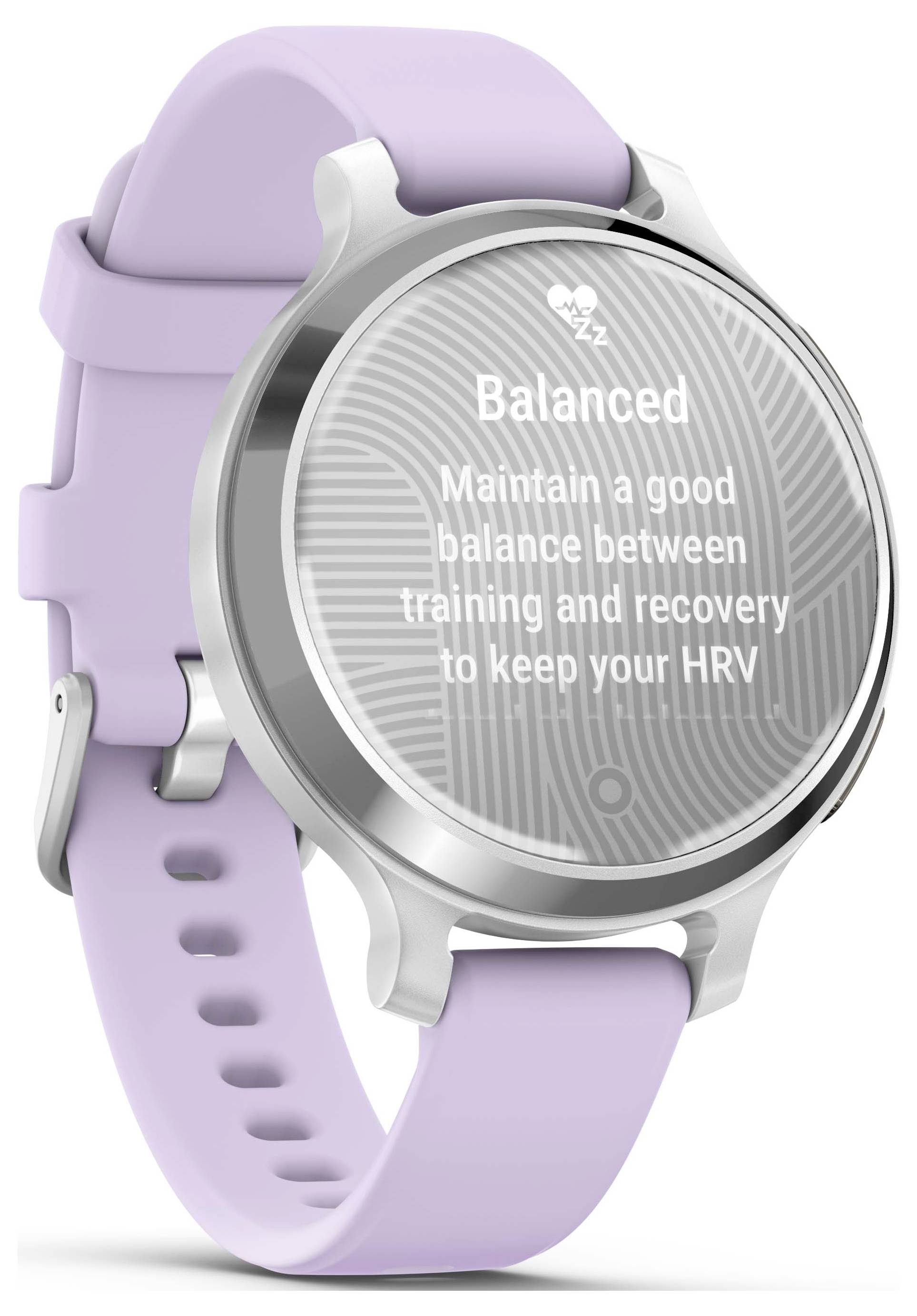 A purple fitness watch displays the text 'Balanced: Maintain a good balance between training and recovery to keep your HRV'.