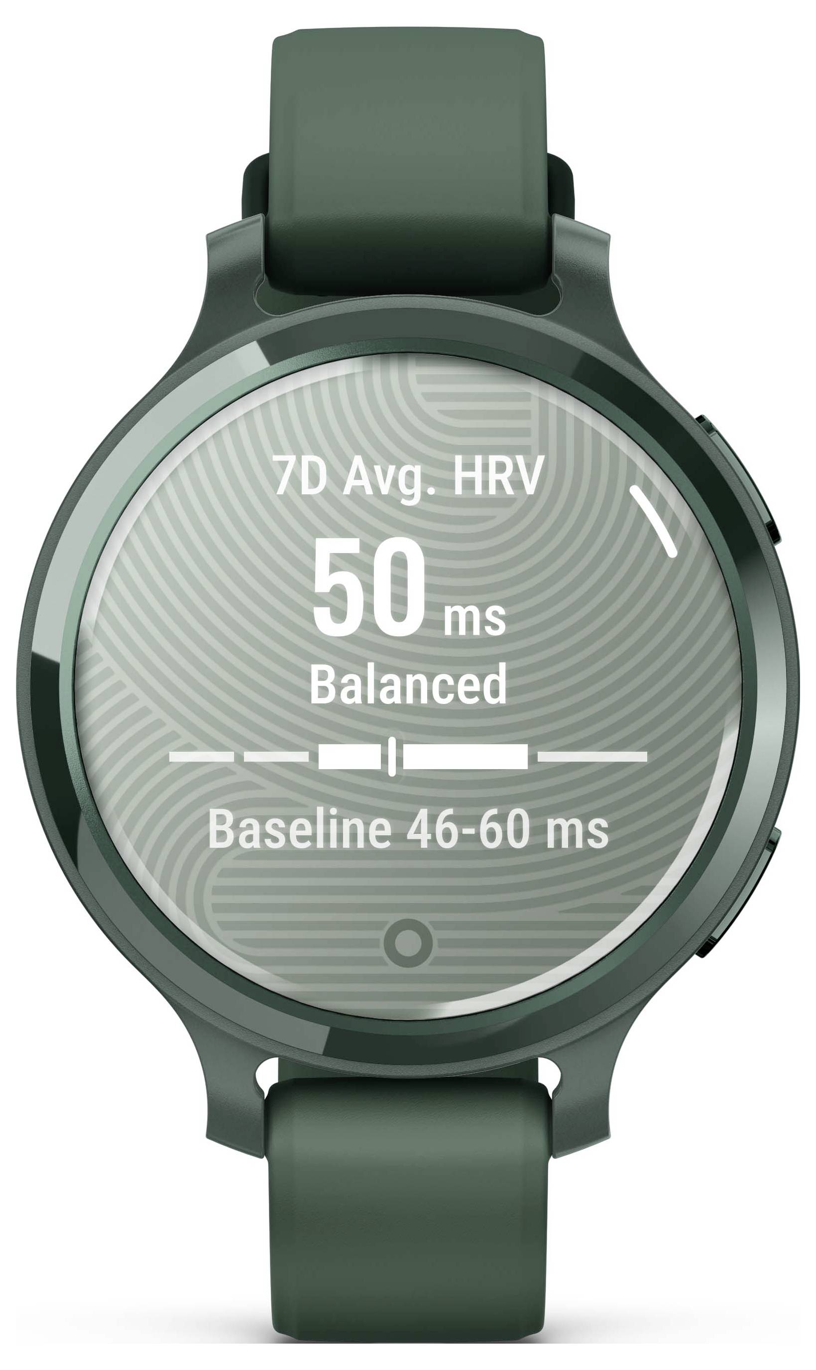 Smartwatch with green strap shows heart rate variability: '7D Avg. HRV 50 ms Balanced', baseline at 46-60 ms.