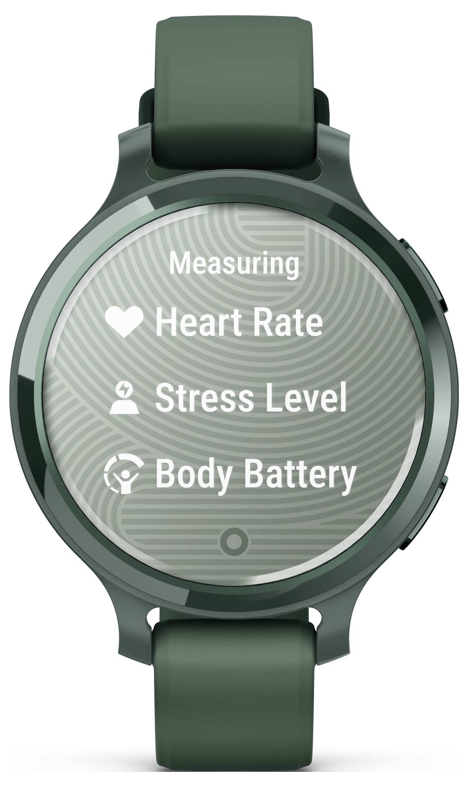 Digital sports watch in Green with display showing: 'Heart Rate', 'Stress Level', 'Body Battery'. Measures health data.