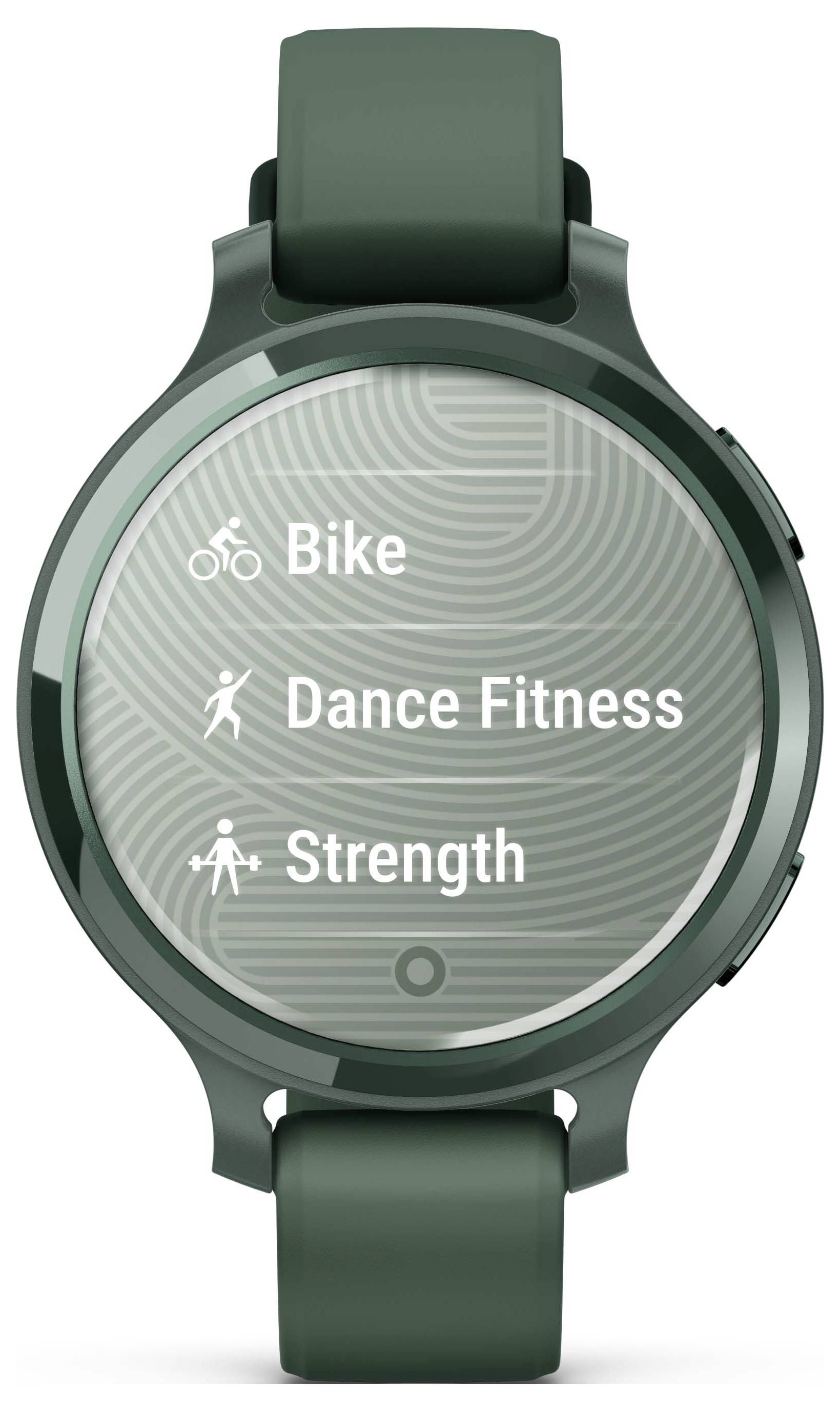 Green smartwatch with three sport modes displayed: 'Bike', 'Dance Fitness', and 'Strength'.