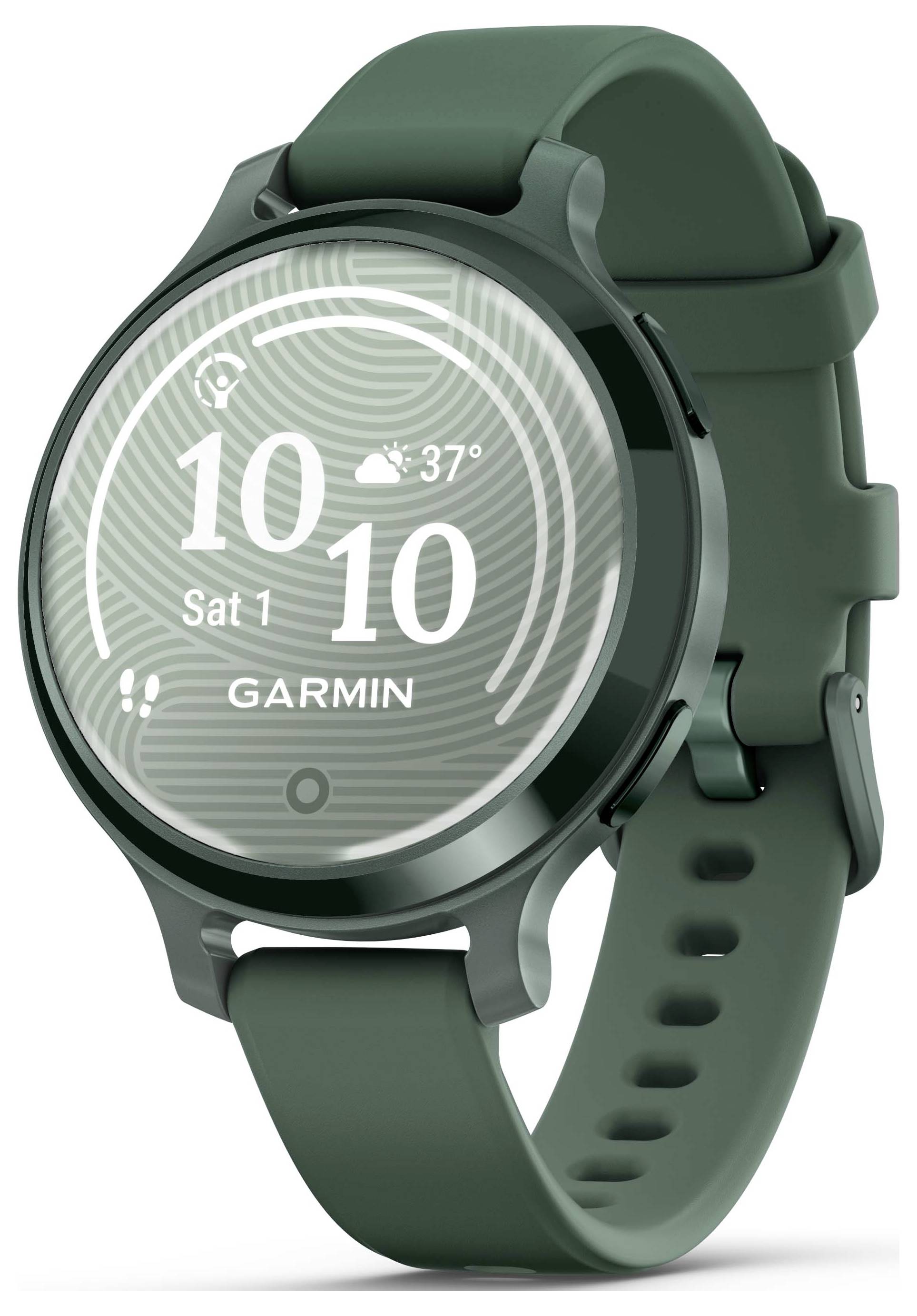 Green smartwatch with a round display, showing time, date and weather icon. Bearing the brand name 'Garmin'.