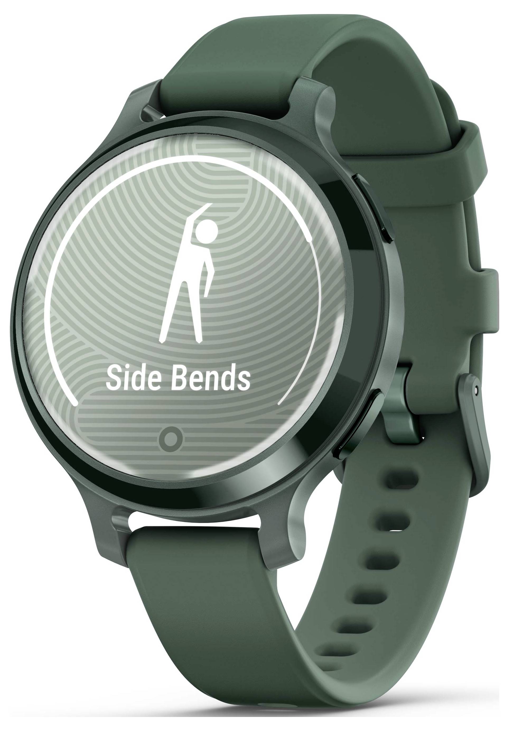 Green smartwatch displaying an exercise: 'Side Bends'. Shows a stylised figure in a bending position. Fitness tracking function.