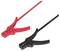 Two jump leads, one red and one black, with clamp ends, are used for jump-starting car batteries.