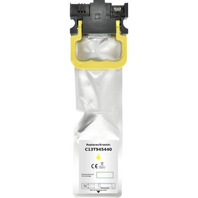 Silver ink cartridge with a yellow cap, labeled 'Replaces/Ersetzt: C13T945440', CE certified, black droplet icon.