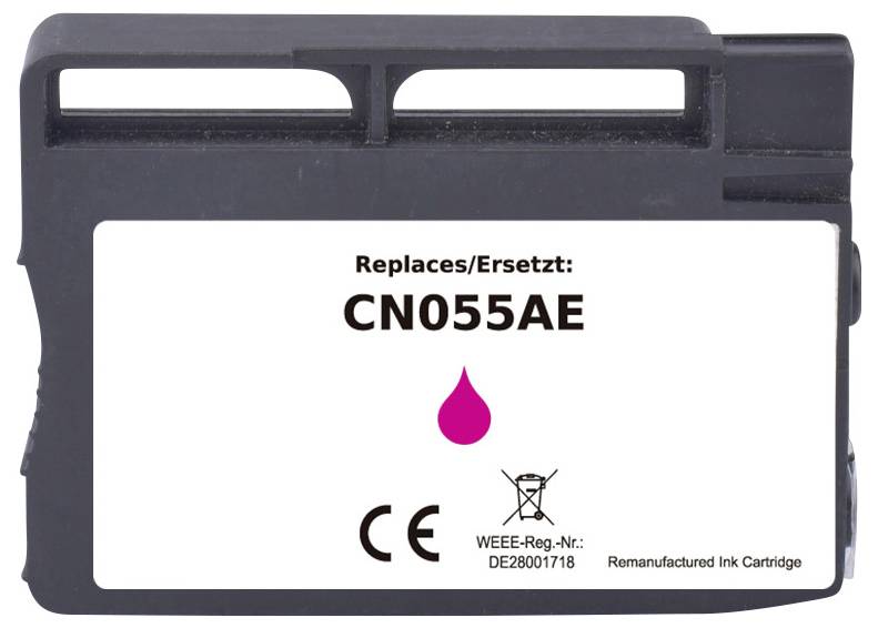 'Ink cartridge labeled CN055AE, replaces CN055AE, magenta color. CE mark present. WEEE registration number DE28001718. Remanufactured.'