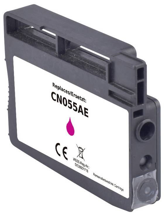 Ink cartridge labeled 'CN055AE', compatible with specific printer models. Prominent pink drop icon indicating magenta ink.
