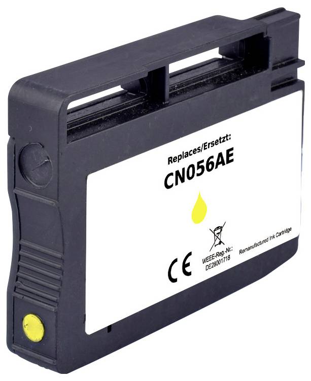 Ink cartridge with label 'Replaces/Ersetzt: CN056AE', yellow ink drop symbol, and certifications for compliance and remanufactured status.