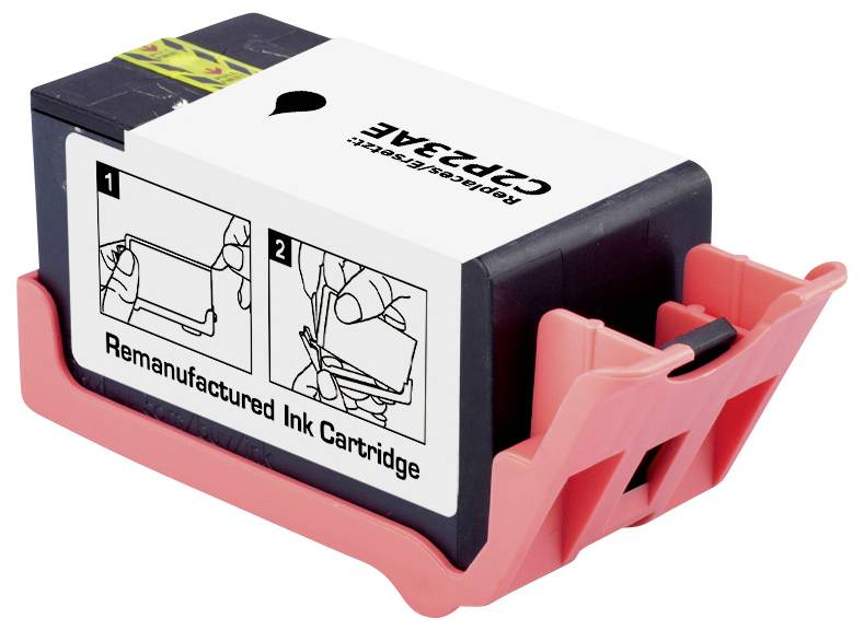 A black and white remanufactured ink cartridge labeled 'CP238E' with a red clip. Instructions on top show how to install the cartridge.