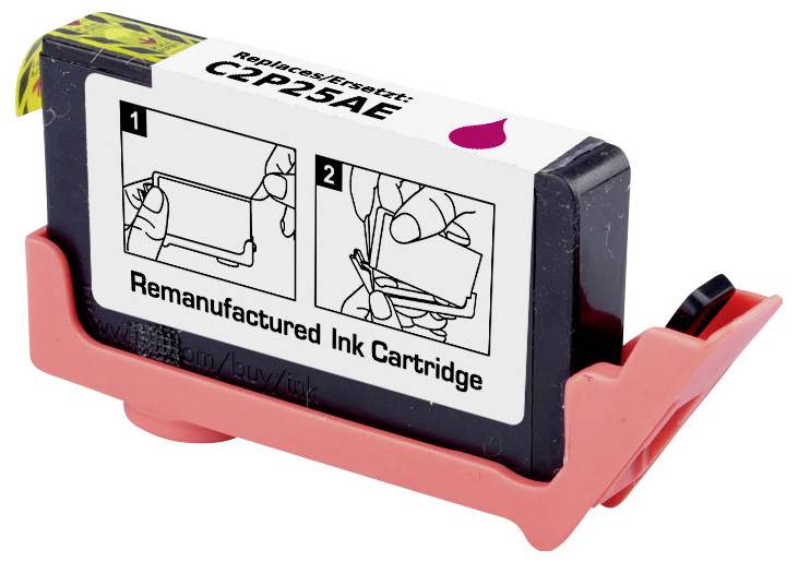 An ink cartridge seated in a pink holder, labeled 'Remanufactured Ink Cartridge'. Top shows instruction images for installation.
