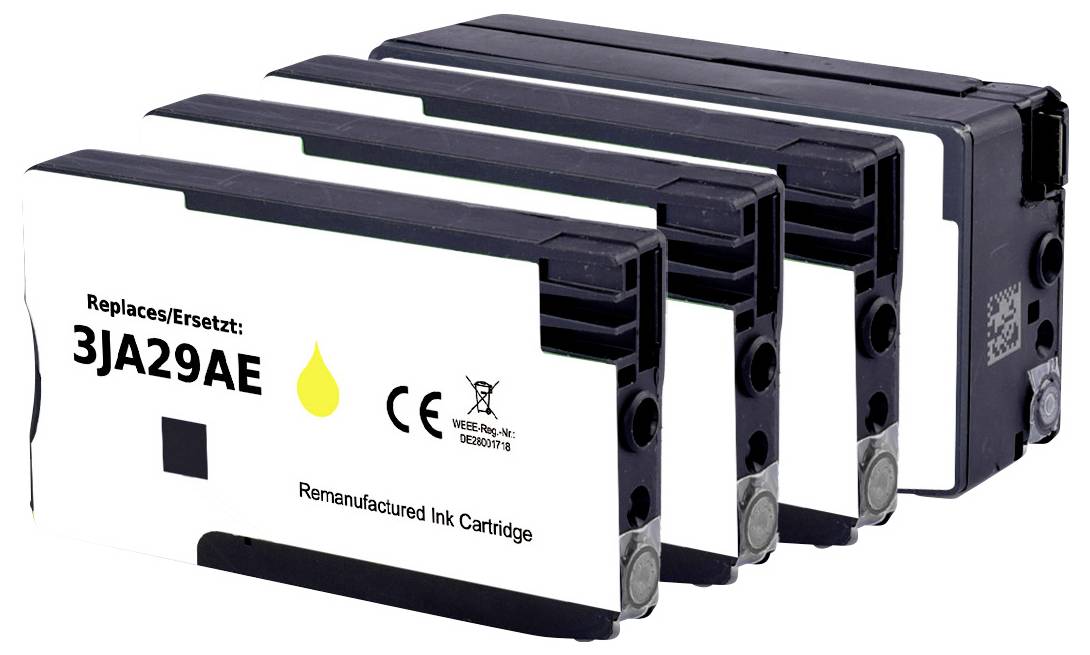 Four black ink cartridges labeled 'Replaces/Ersetzt: 3JA29AE' with symbols for CE compliance and recycling, lined up side by side.