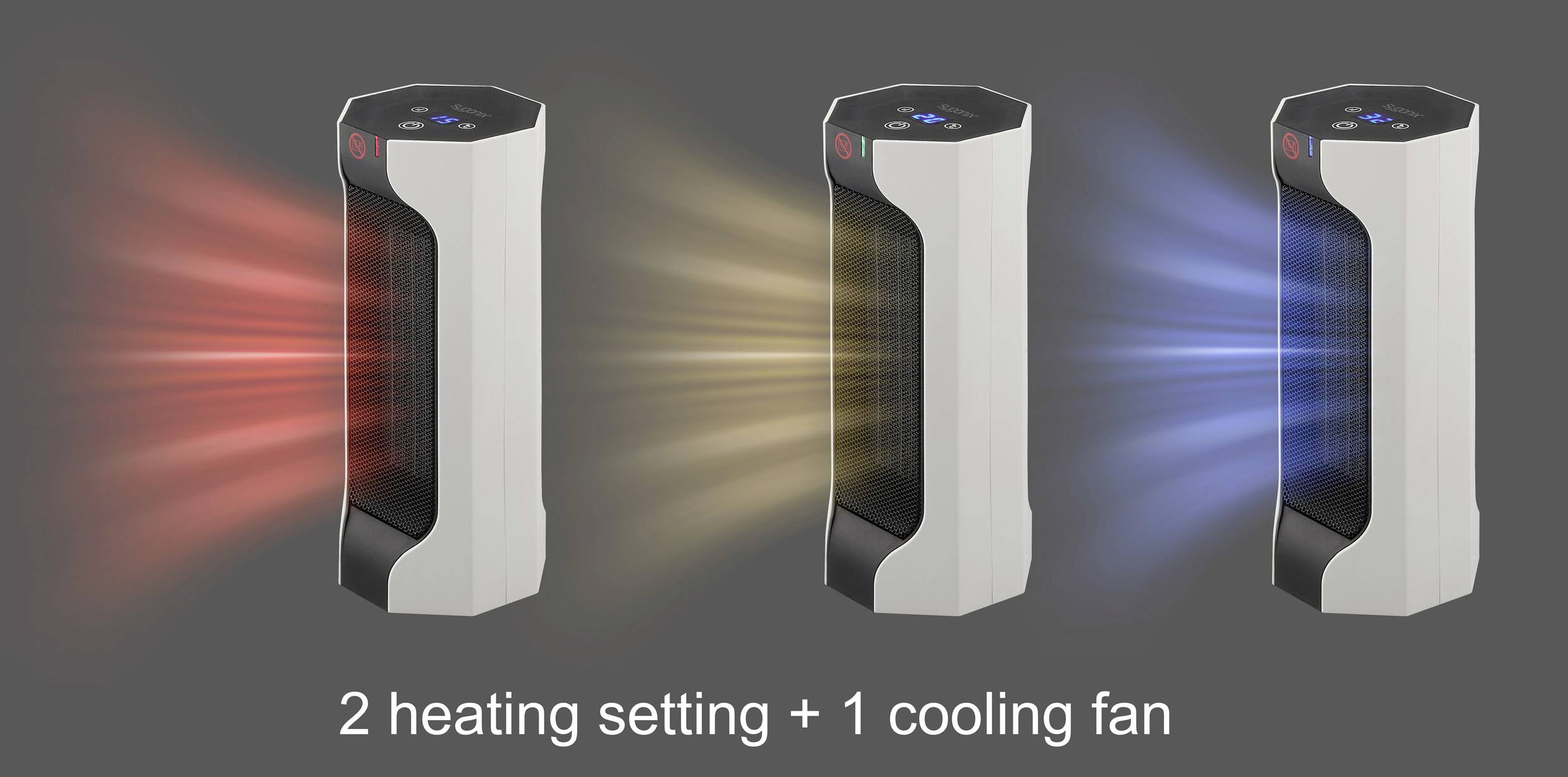 Three fan heaters on a grey background show red, yellow, and blue air streams. Text below: '2 Heat Settings + 1 Cool Fan'