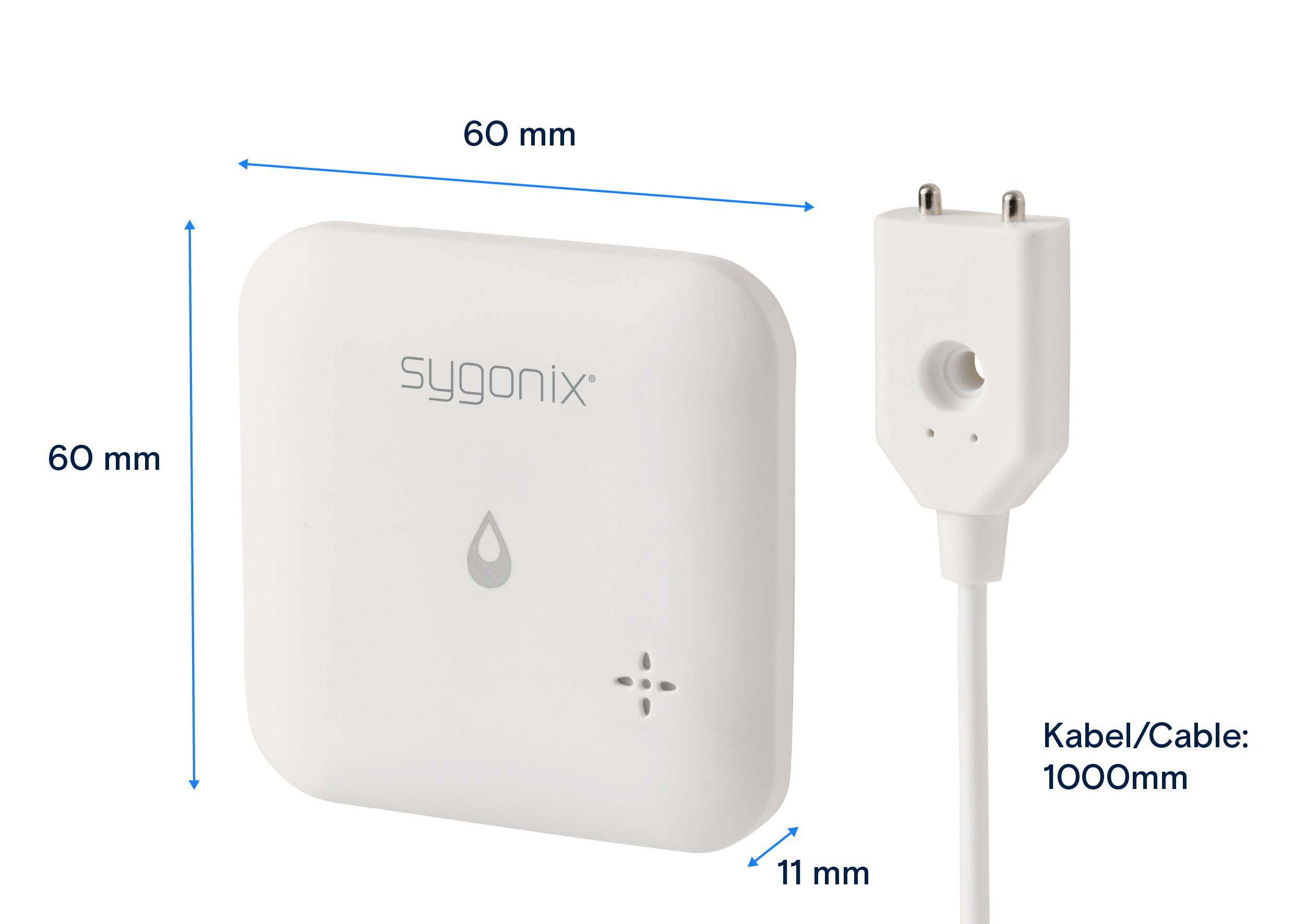 White sygonix water sensor measuring 60 mm x 60 mm x 11 mm. Cable: 1000 mm.