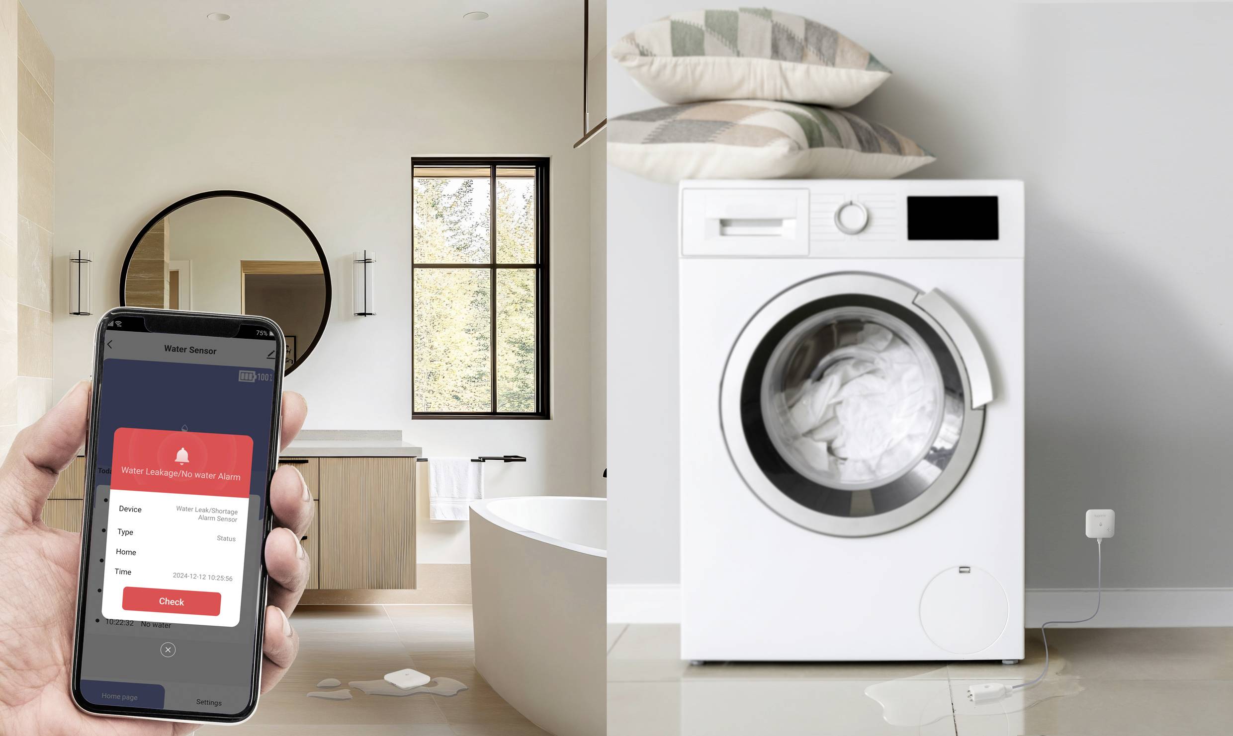 A hand holds a smartphone with a water alarm app, next to a washing machine with water puddles on the floor.