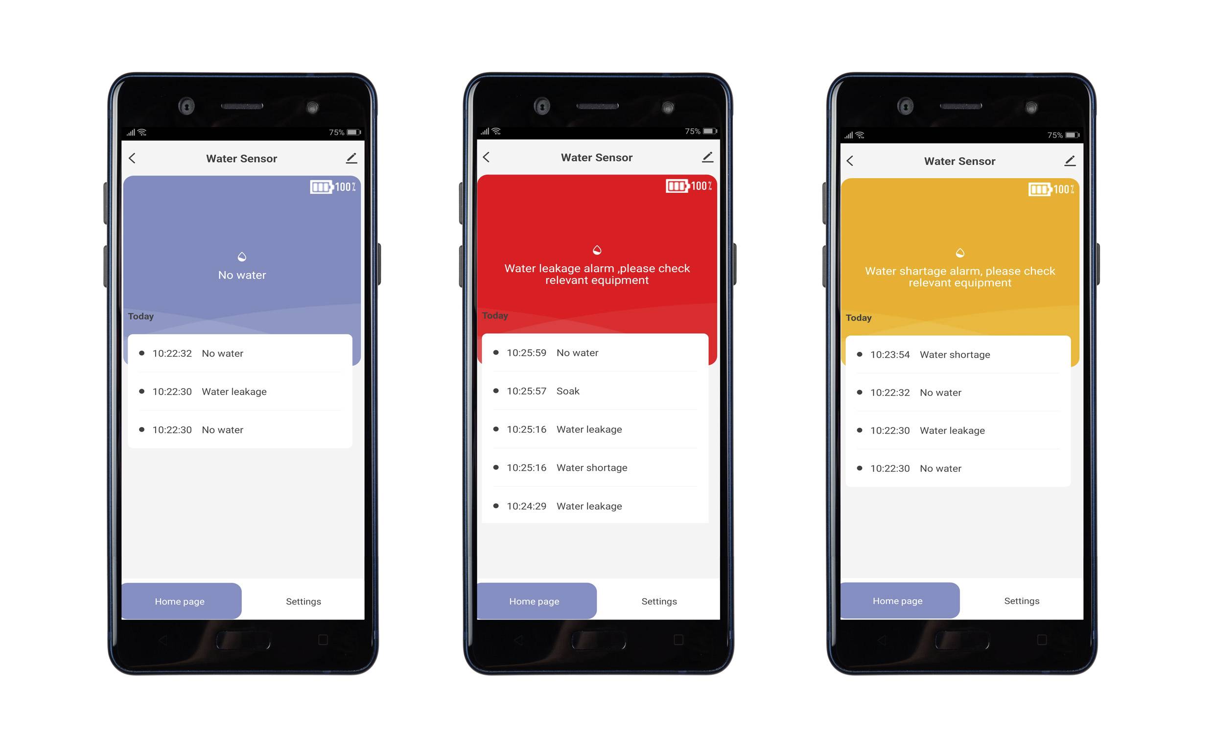 Three smartphones display an app with water level notifications: no water (blue), water leakage alarm (red), water scarcity alarm (orange).