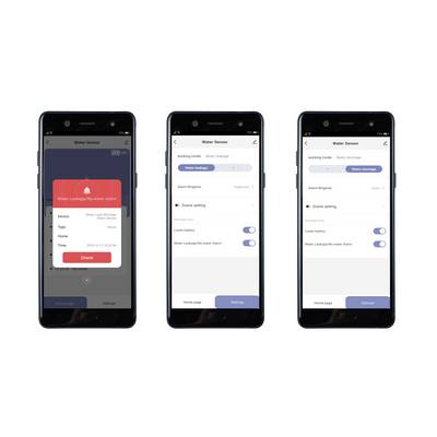 Three smartphone screens display the settings of a water sensor, showing mode and alarm information.