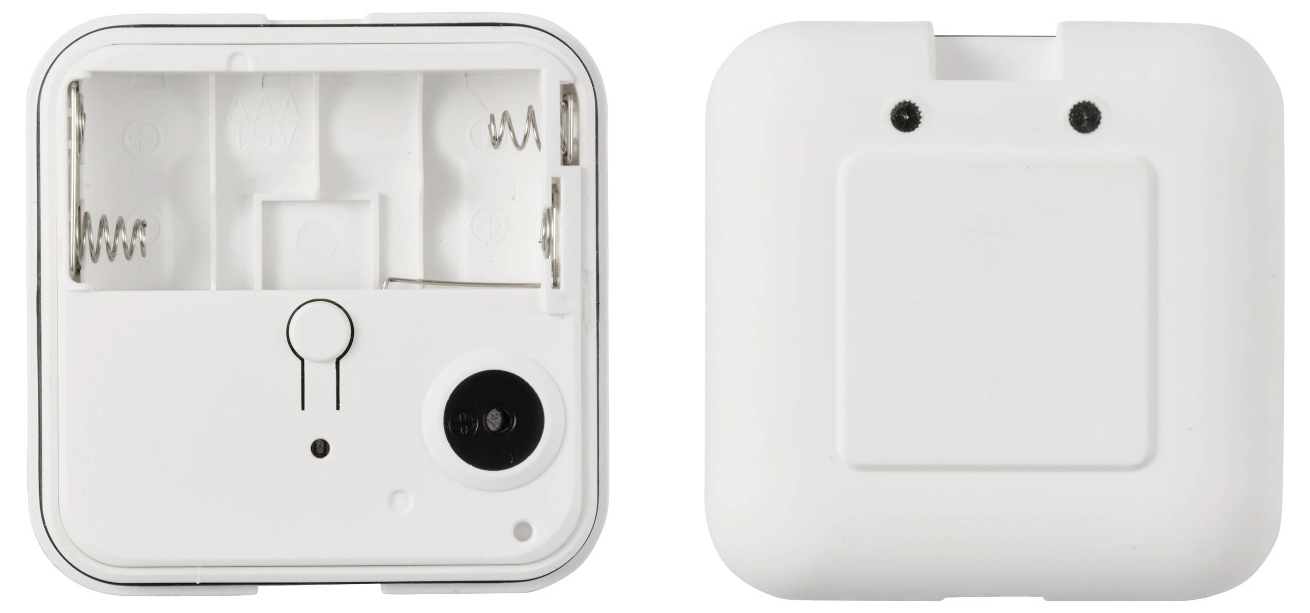 'Rear view of a white, square device with two black sensors and a battery compartment.'