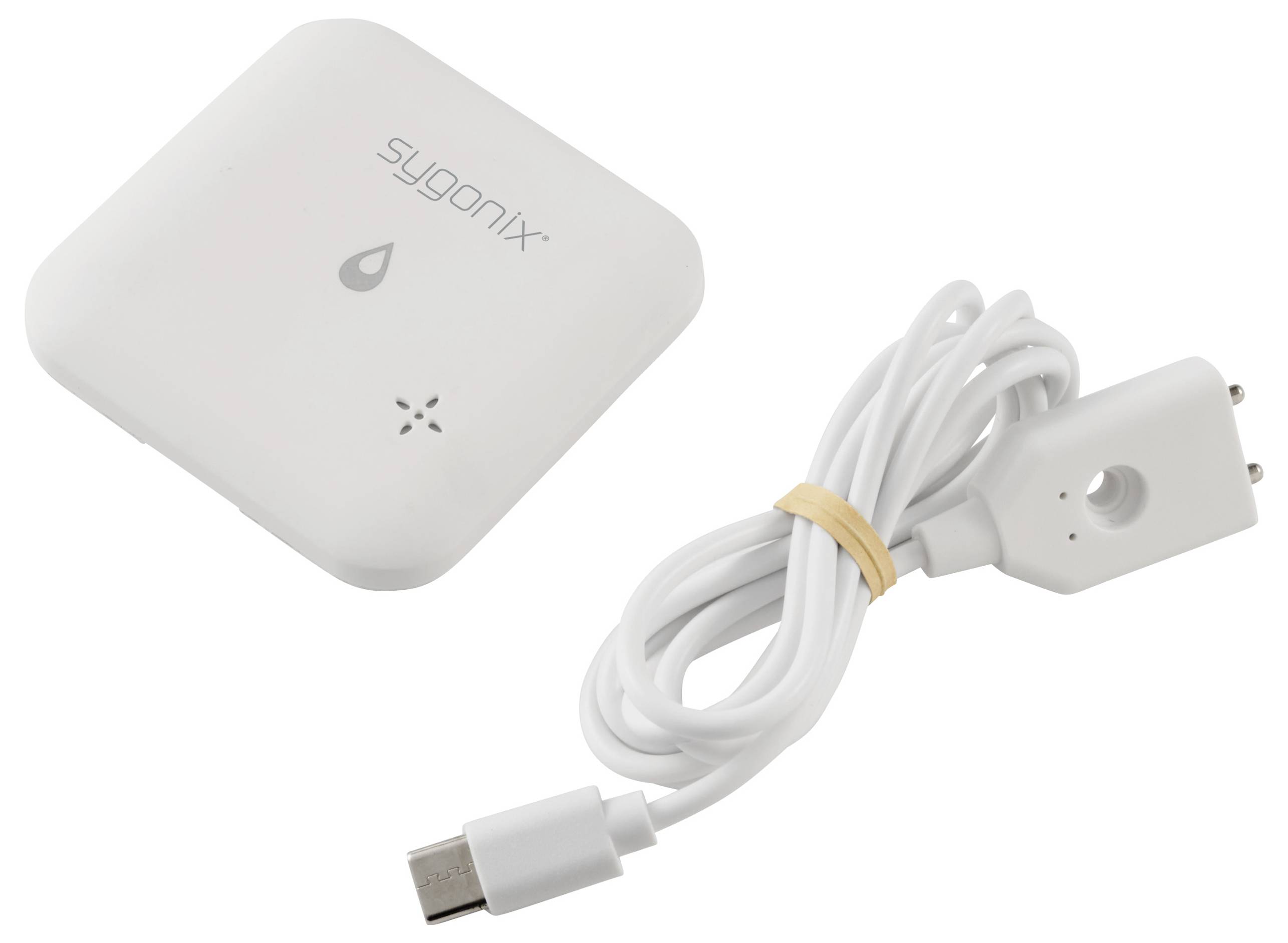 A white, square moisture sensor by 'Sygonix' next to a white cable with a USB connection.