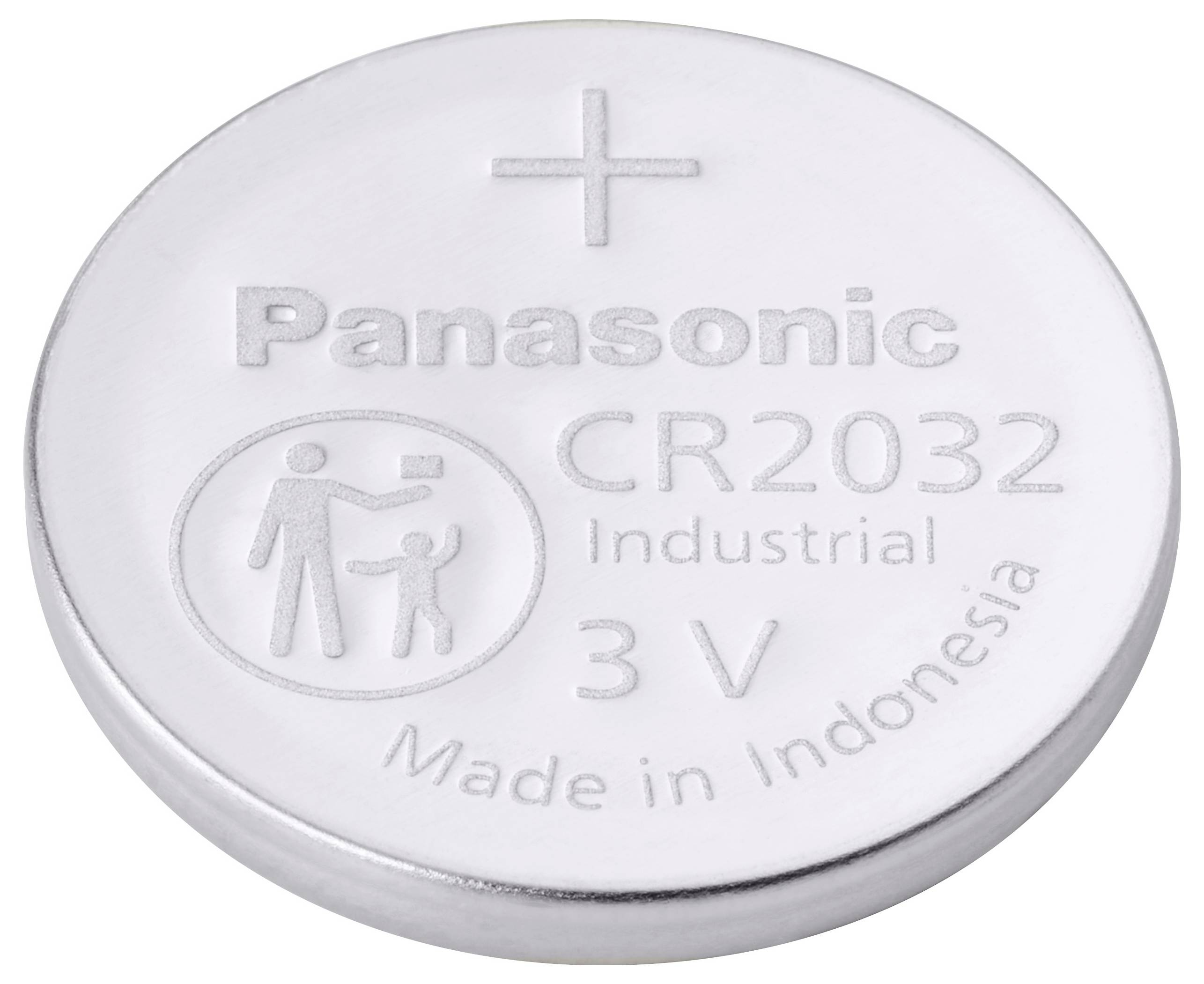 A circular silver Panasonic CR2032 lithium battery, 3V, with child safety warning icon, labeled 'Made in Indonesia'.