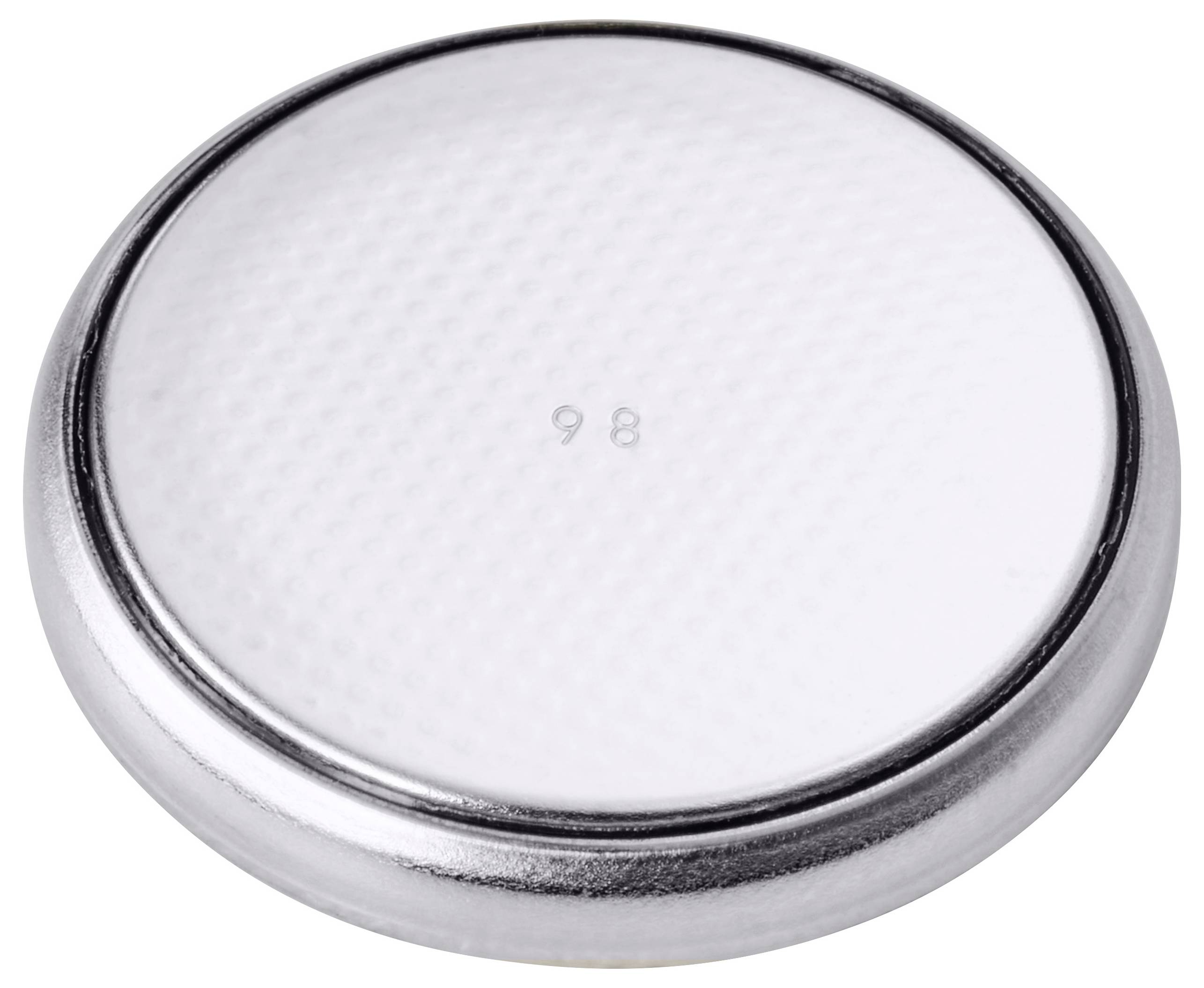 A round silver button cell battery with '98' engraved on the top surface.