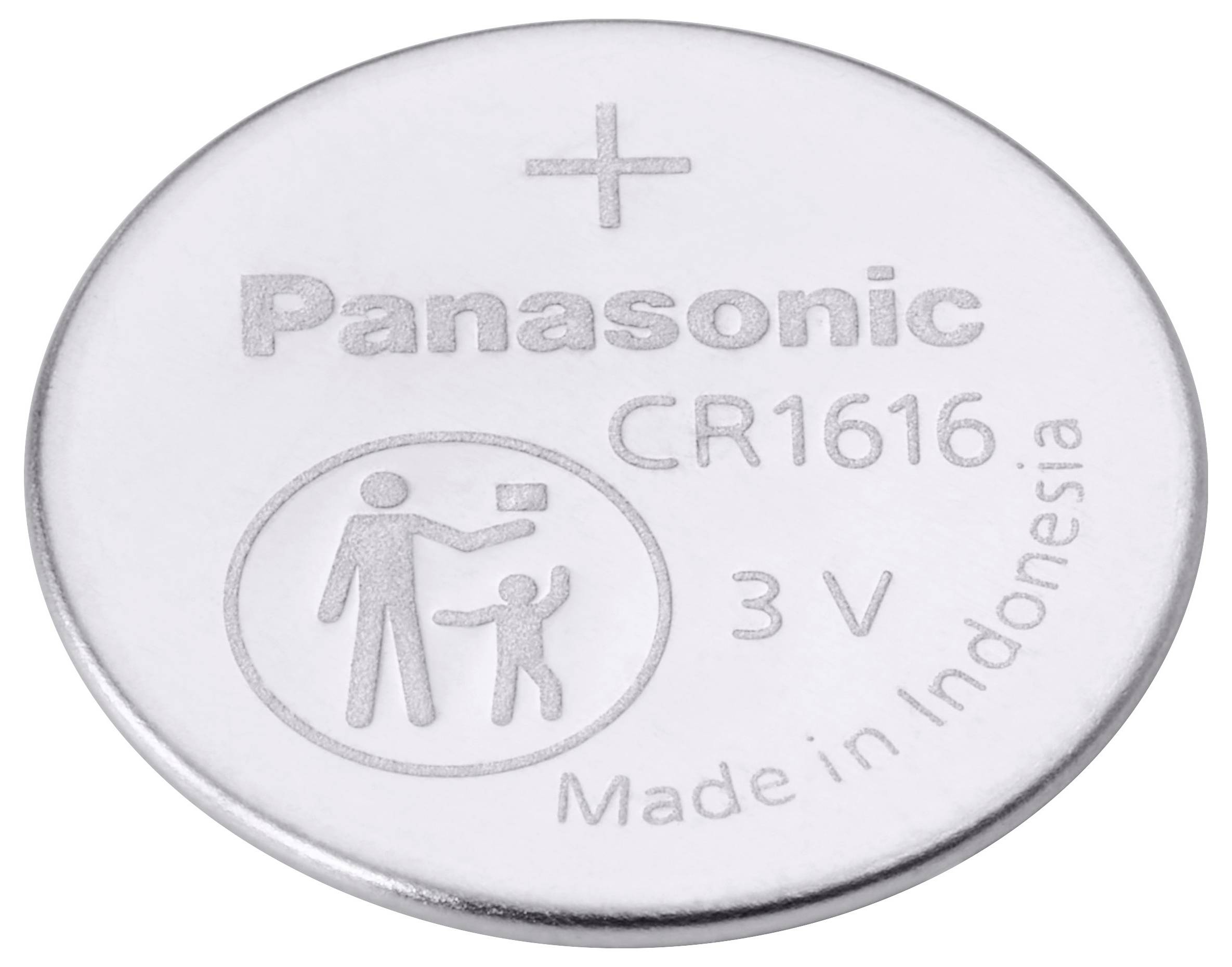'A Panasonic CR1616 lithium coin cell battery, 3V, made in Indonesia. The image shows a warning symbol of a person and a child.'