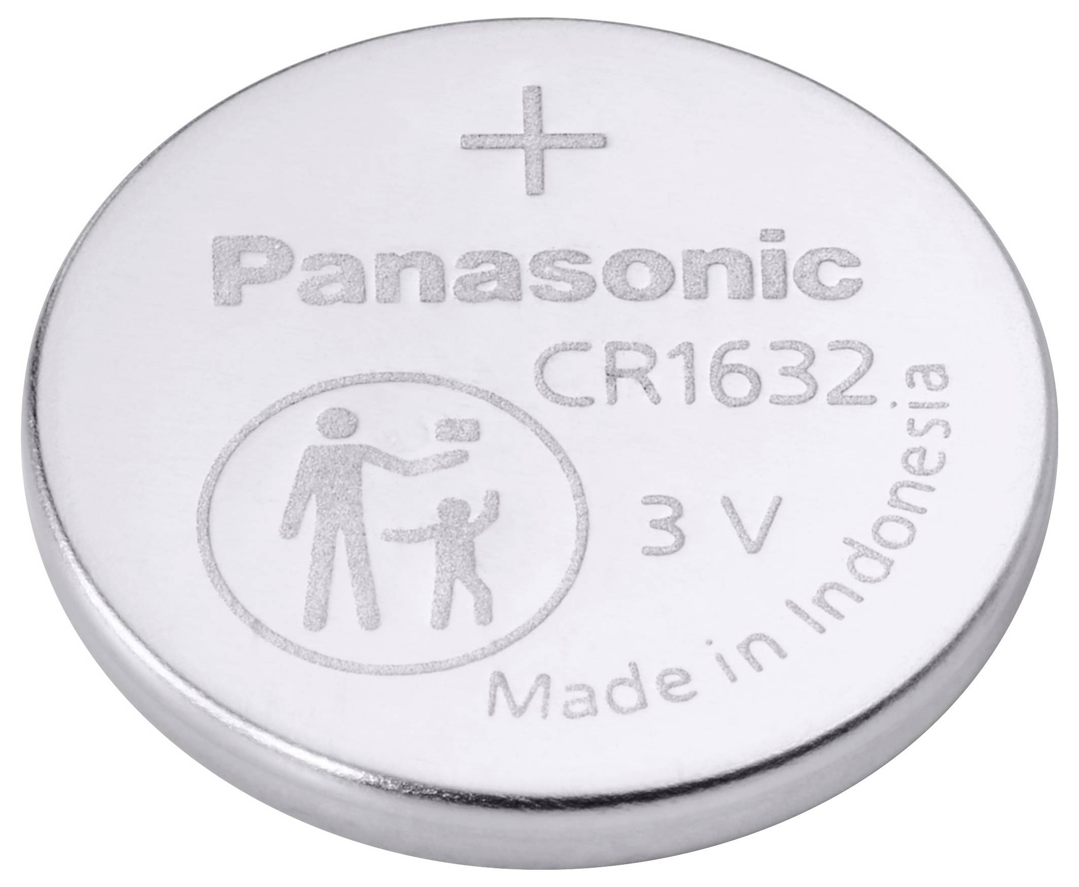 'Panasonic CR1632 3V Lithium Coin Battery, Made in Indonesia' with a safety warning icon for keeping out of reach of children.